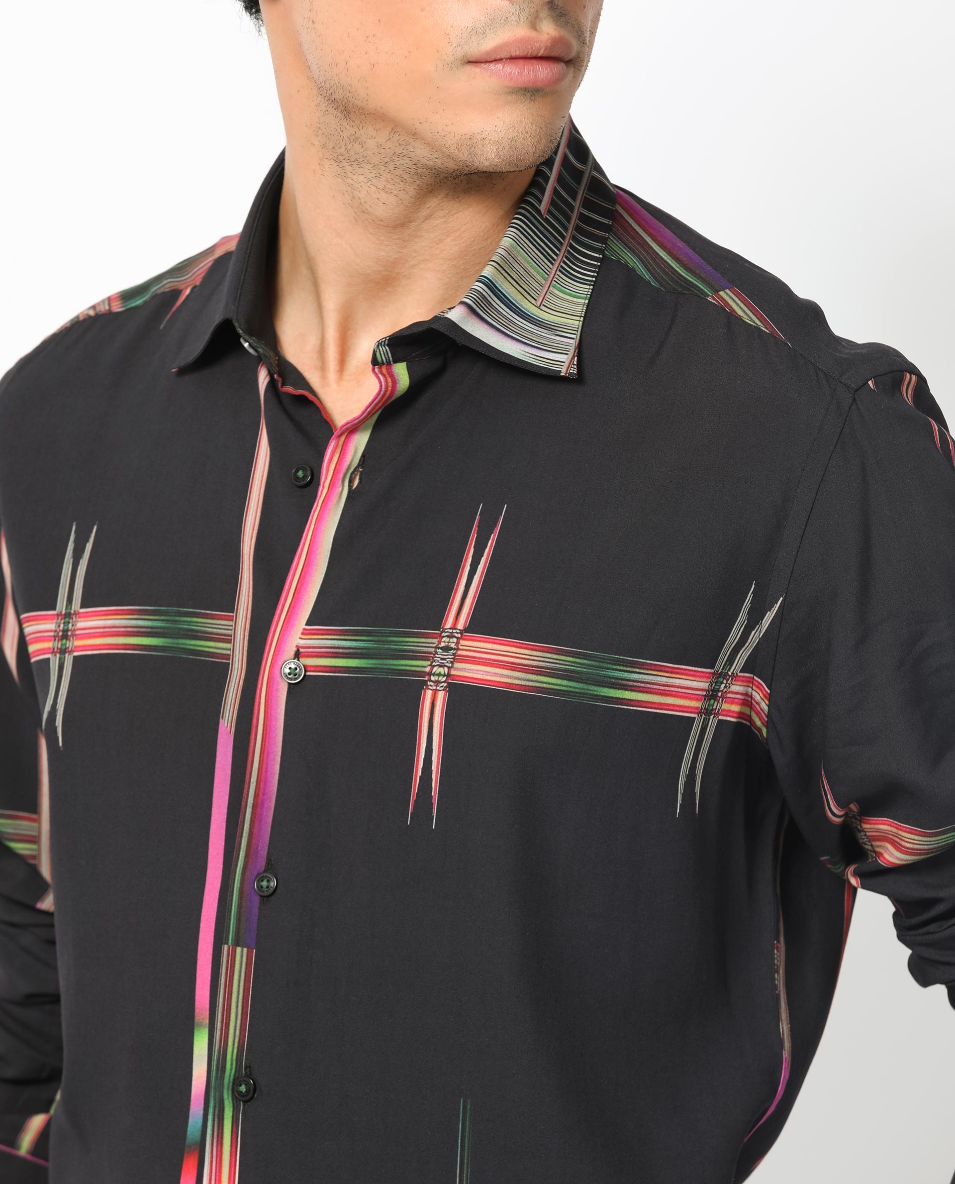 Rare Rabbit Men's Dale Black Viscose Fabric Abstract Print Full Sleeves Shirt