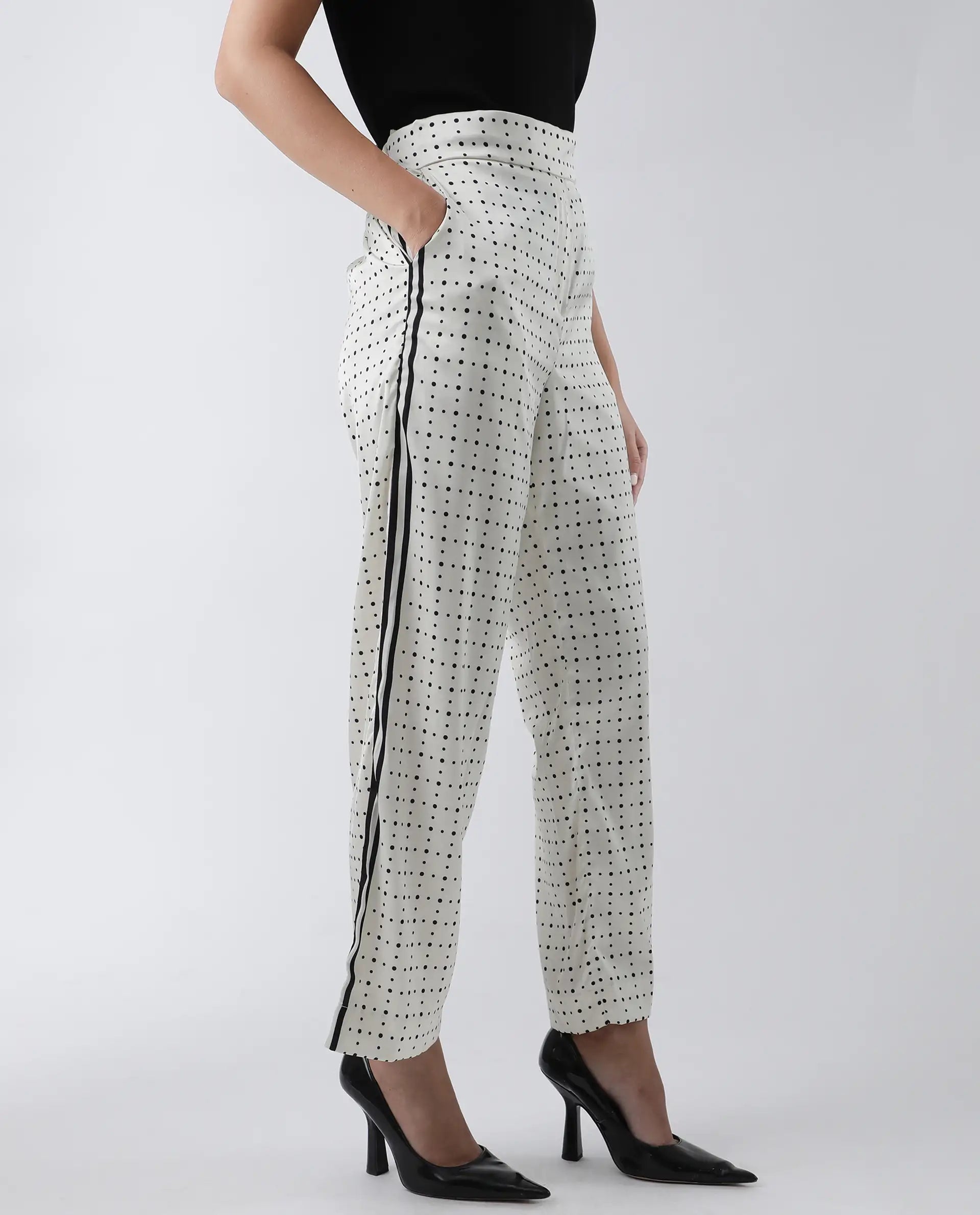 Rareism Women's Dales Beige Polyester Polka Print Ankle Length Tailored Trouser