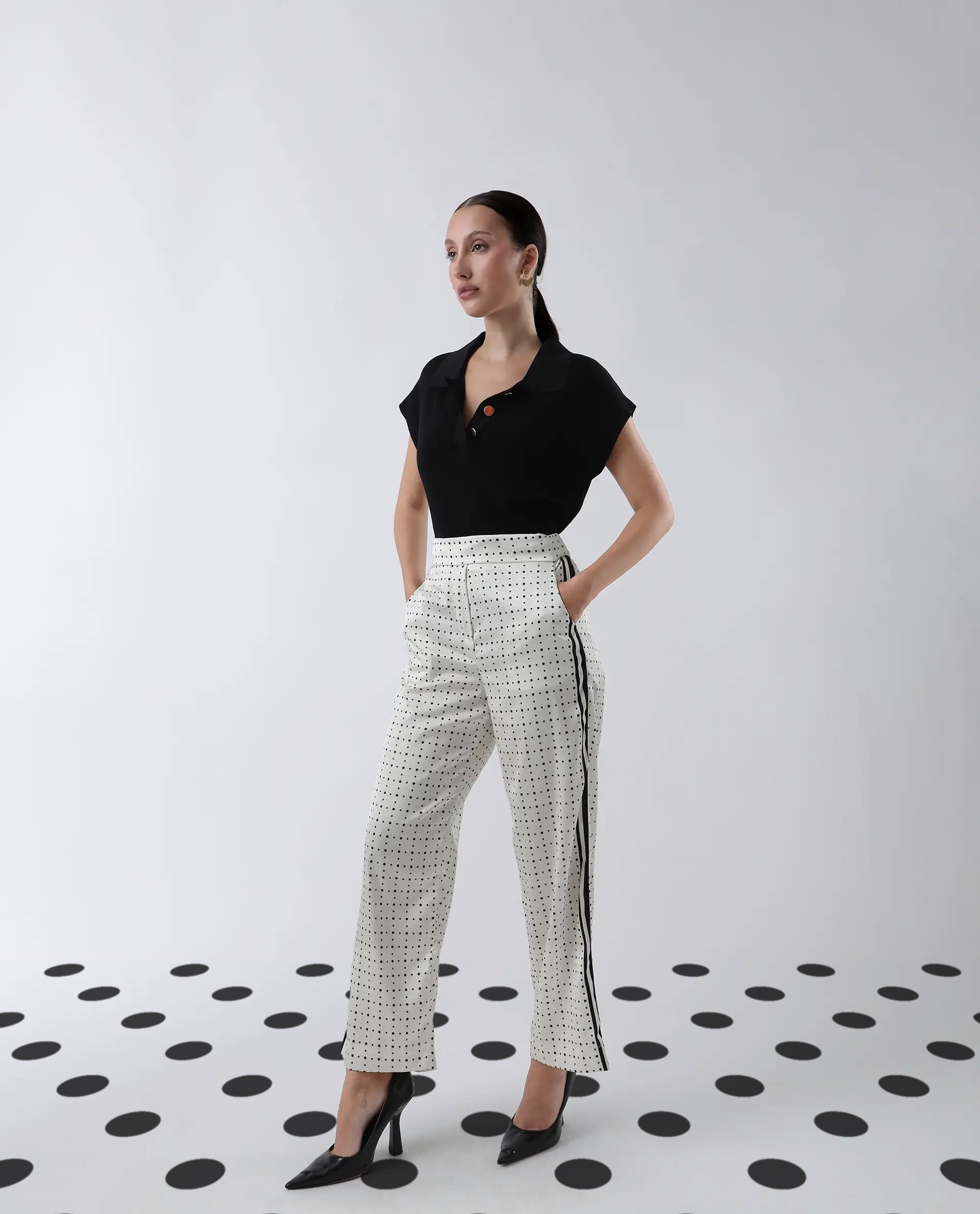 Rareism Women's Dales Beige Polyester Polka Print Ankle Length Tailored Trouser