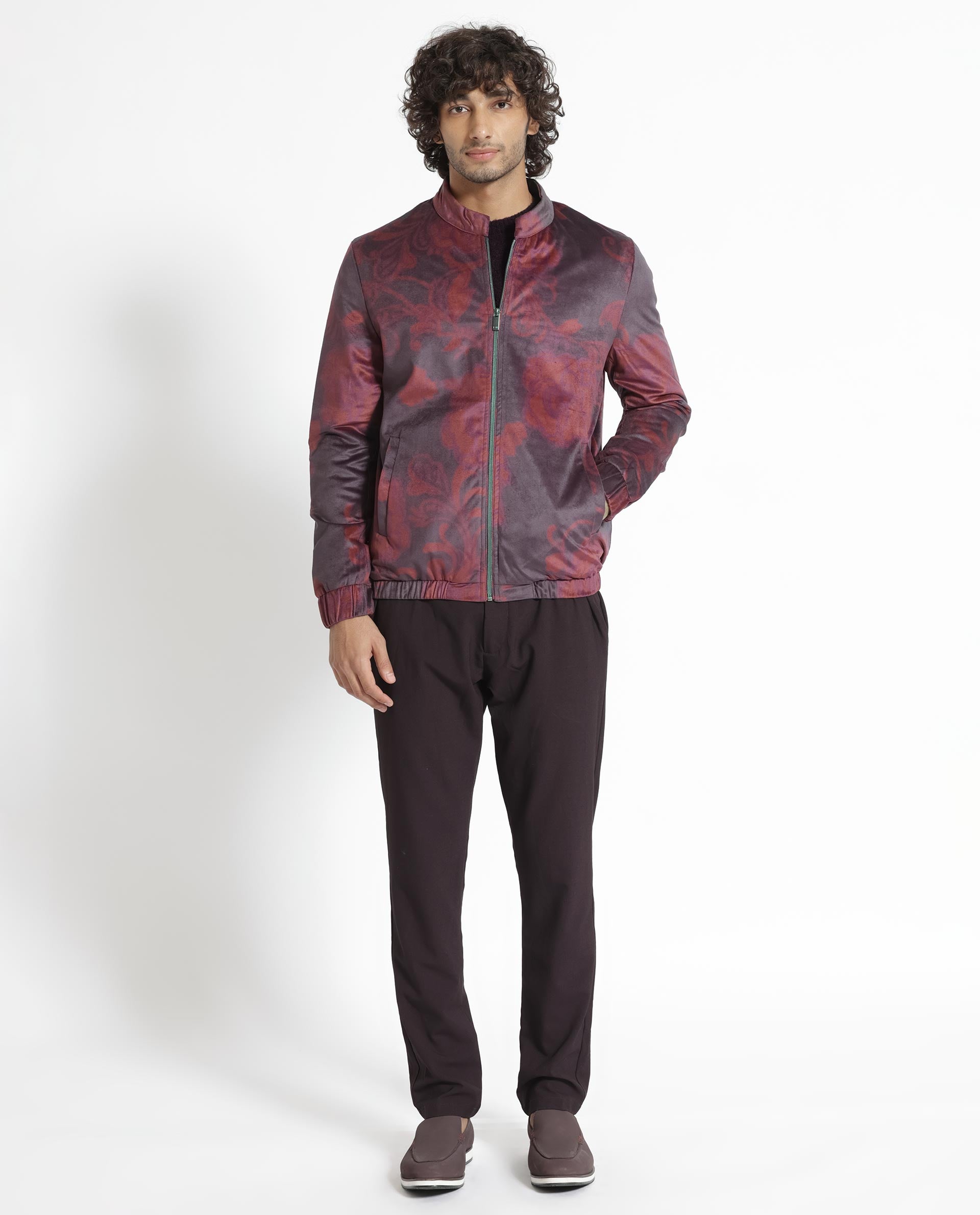 Rare Rabbit Men's Dalia Dark Maroon Paisley Printed Velvet Smart Jacket