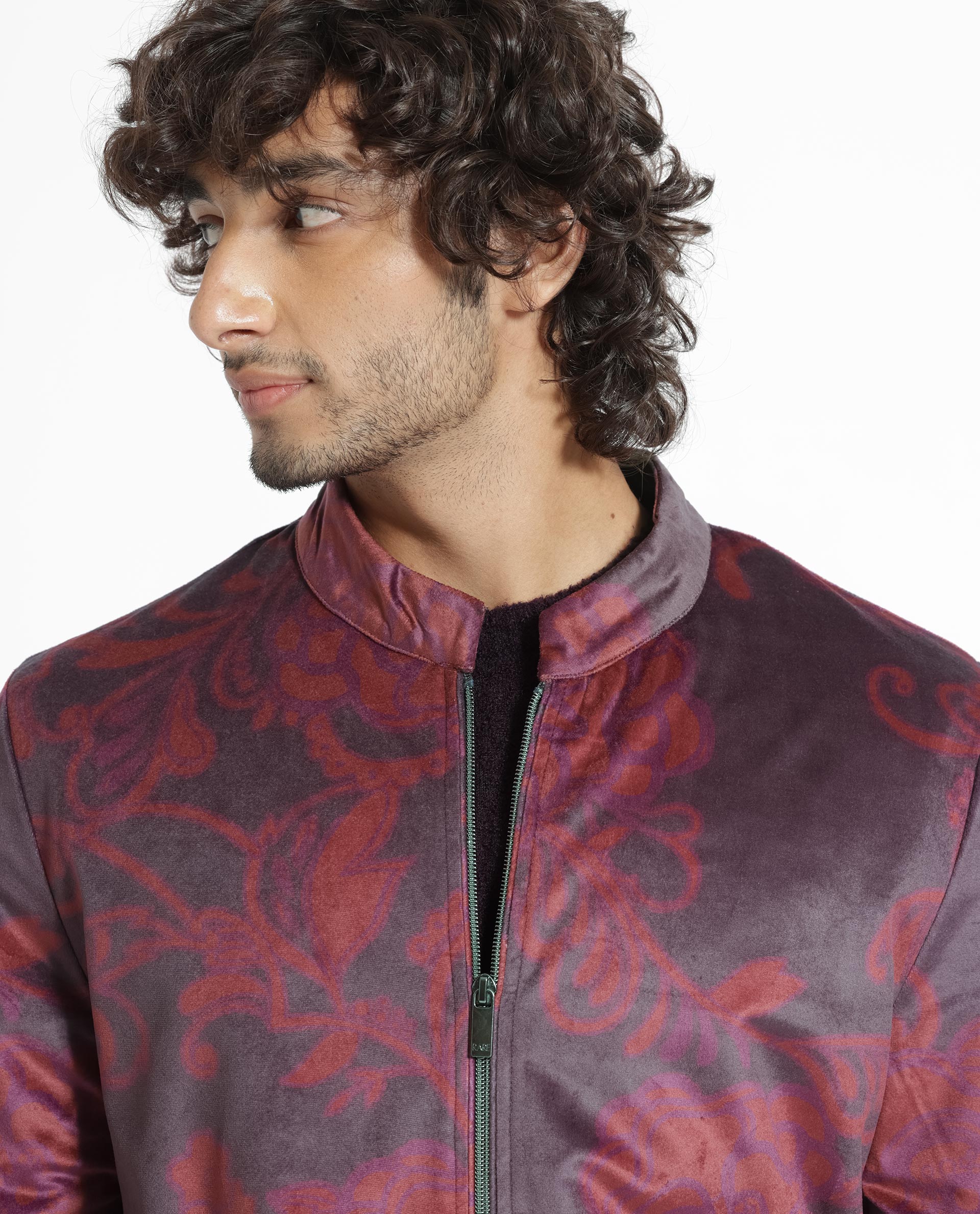 Rare Rabbit Men's Dalia Dark Maroon Paisley Printed Velvet Smart Jacket