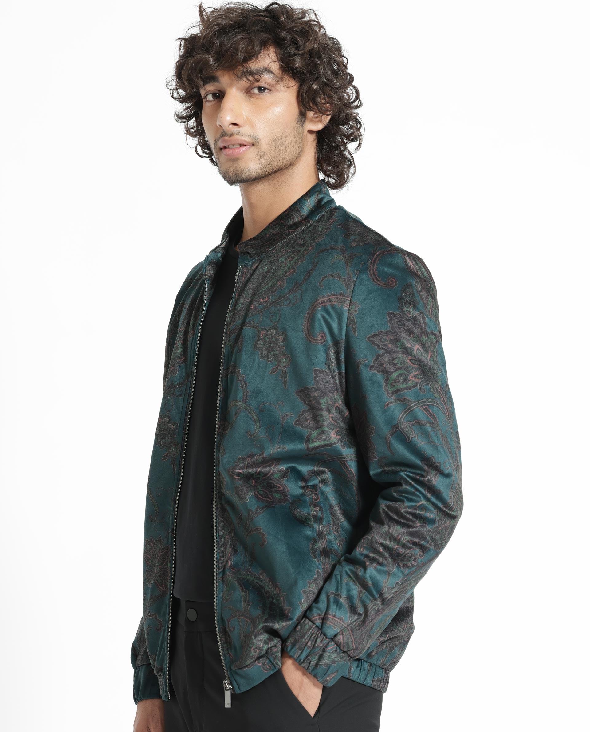 Rare Rabbit Men's Dalia Dark Teal Paisley Printed Velvet Smart Jacket