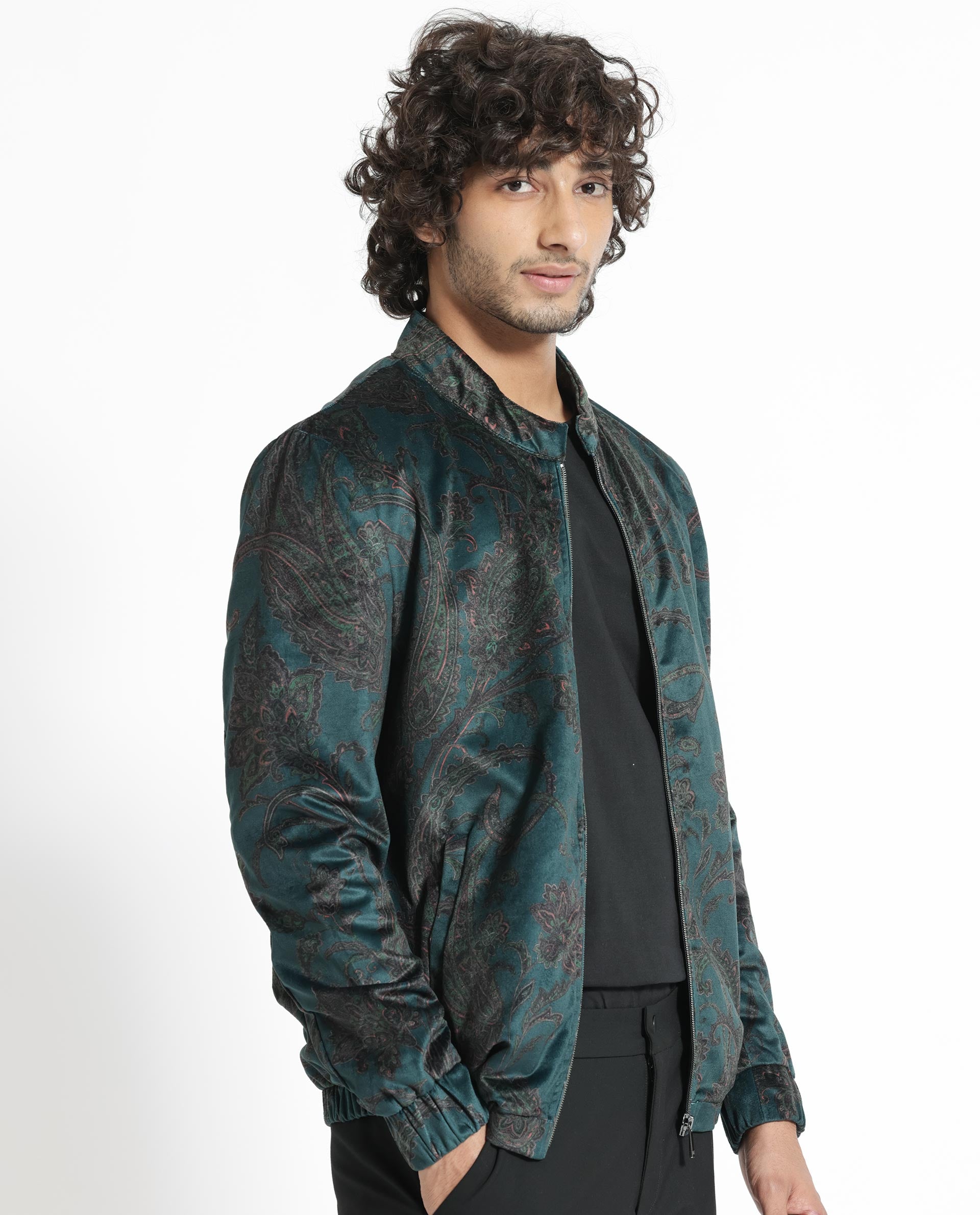 Rare Rabbit Men's Dalia Dark Teal Paisley Printed Velvet Smart Jacket