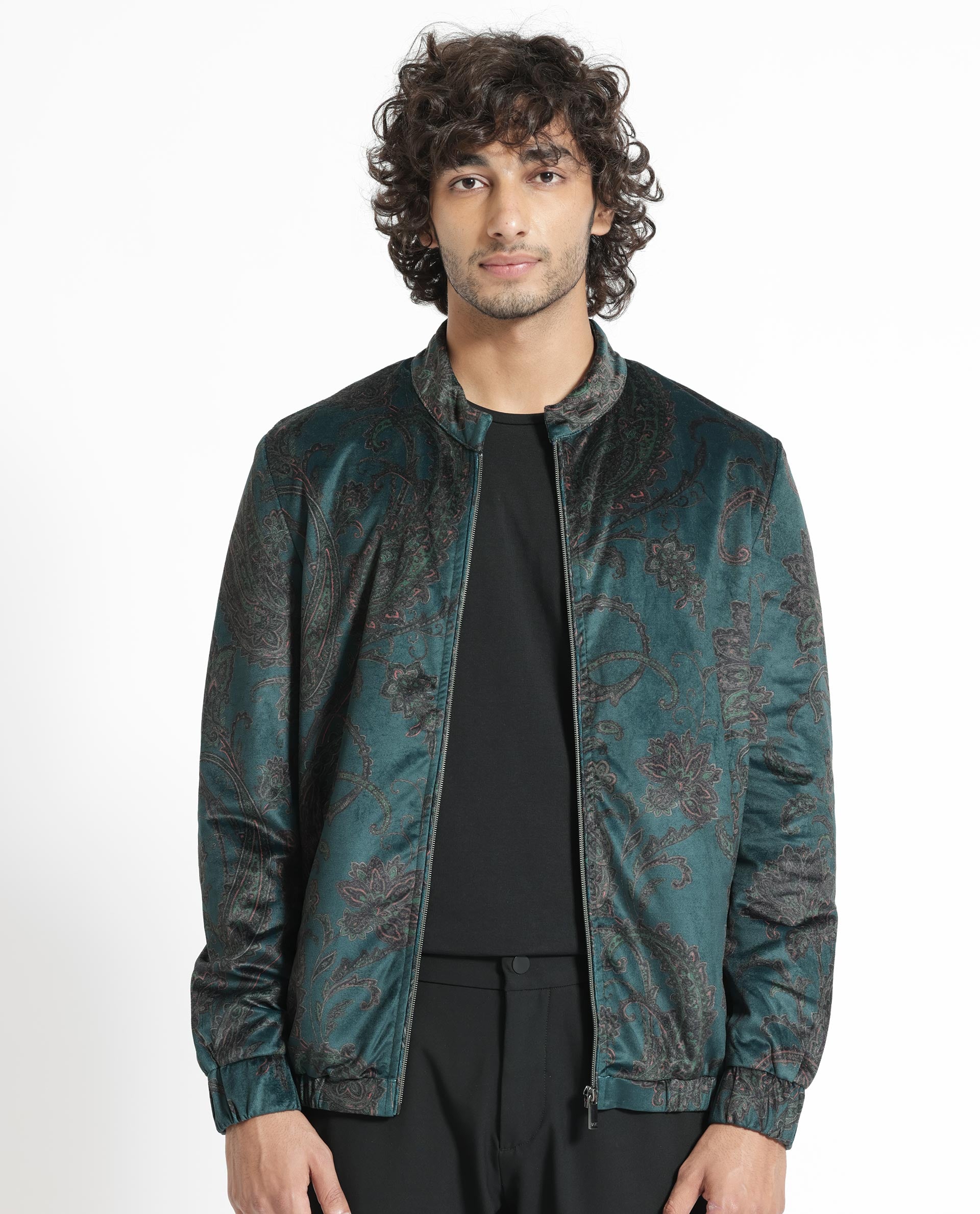 Rare Rabbit Men's Dalia Dark Teal Paisley Printed Velvet Smart Jacket