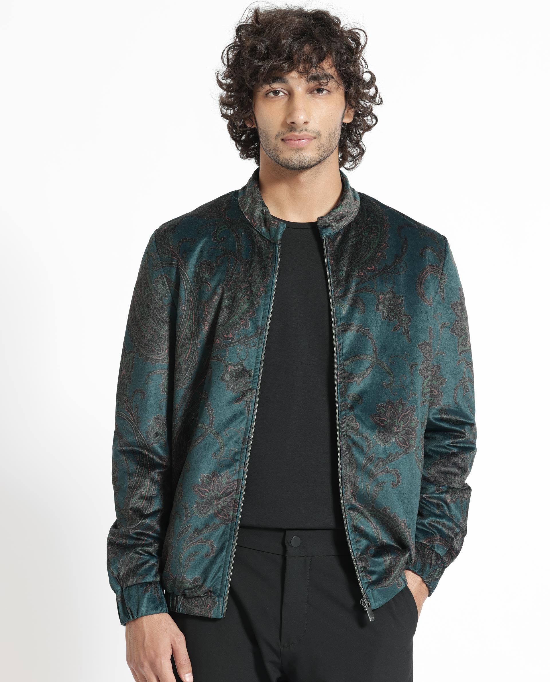 Rare Rabbit Men's Dalia Dark Teal Paisley Printed Velvet Smart Jacket
