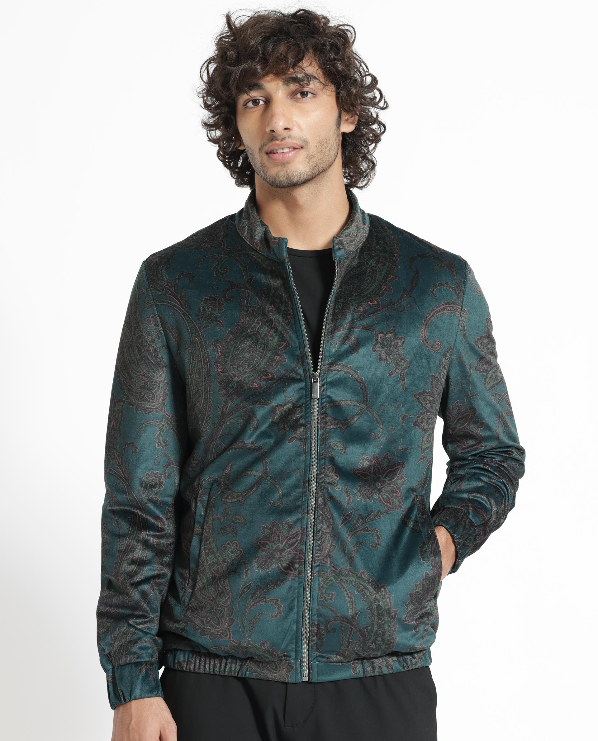 Rare Rabbit Men's Dalia Dark Teal Paisley Printed Velvet Smart Jacket