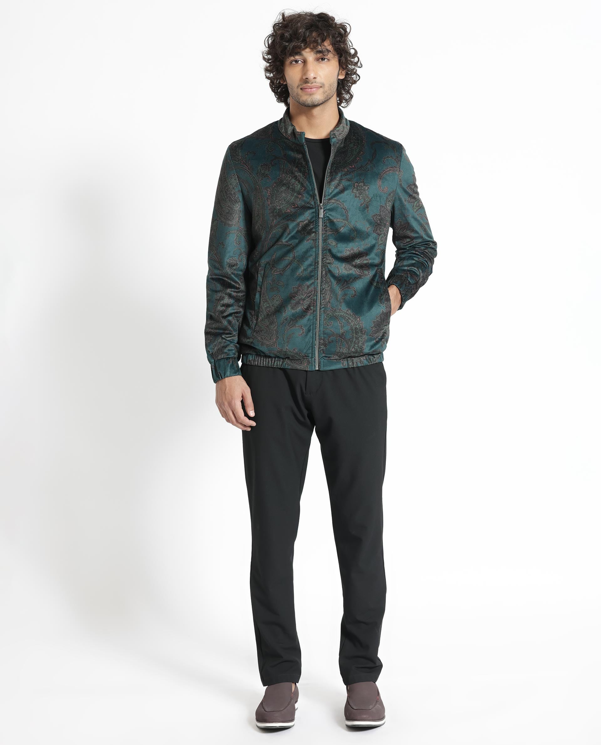 Rare Rabbit Men's Dalia Dark Teal Paisley Printed Velvet Smart Jacket
