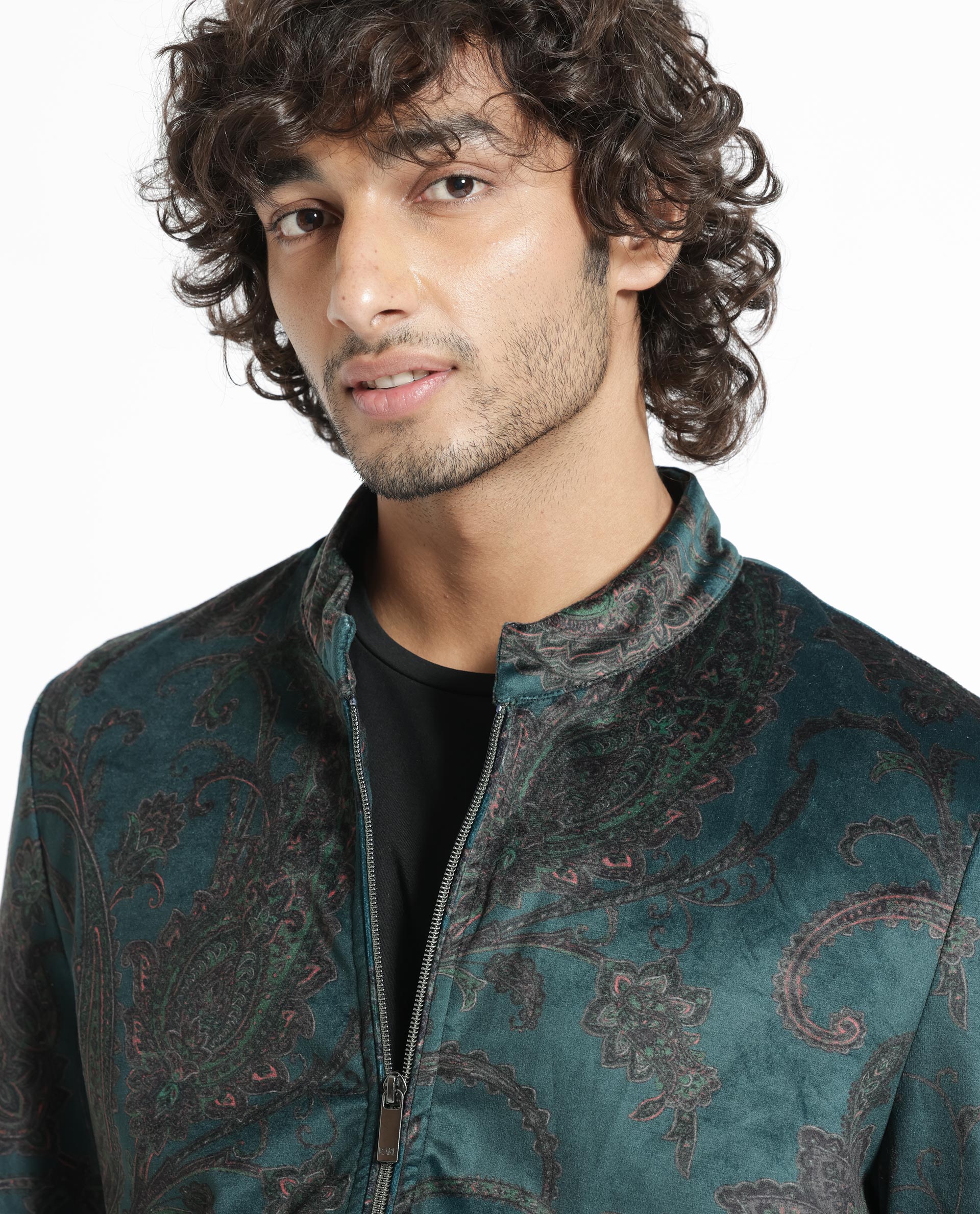 Rare Rabbit Men's Dalia Dark Teal Paisley Printed Velvet Smart Jacket