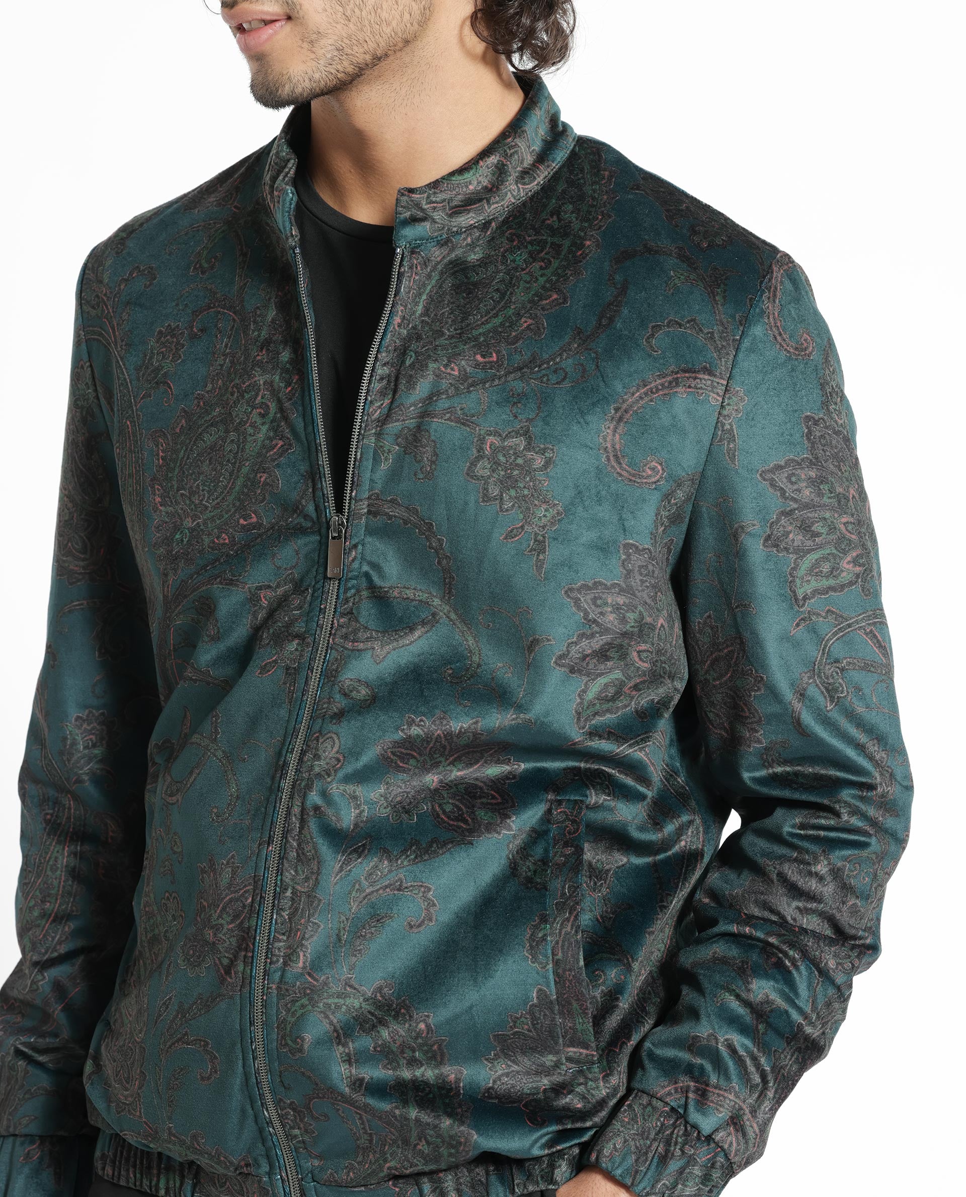 Rare Rabbit Men's Dalia Dark Teal Paisley Printed Velvet Smart Jacket