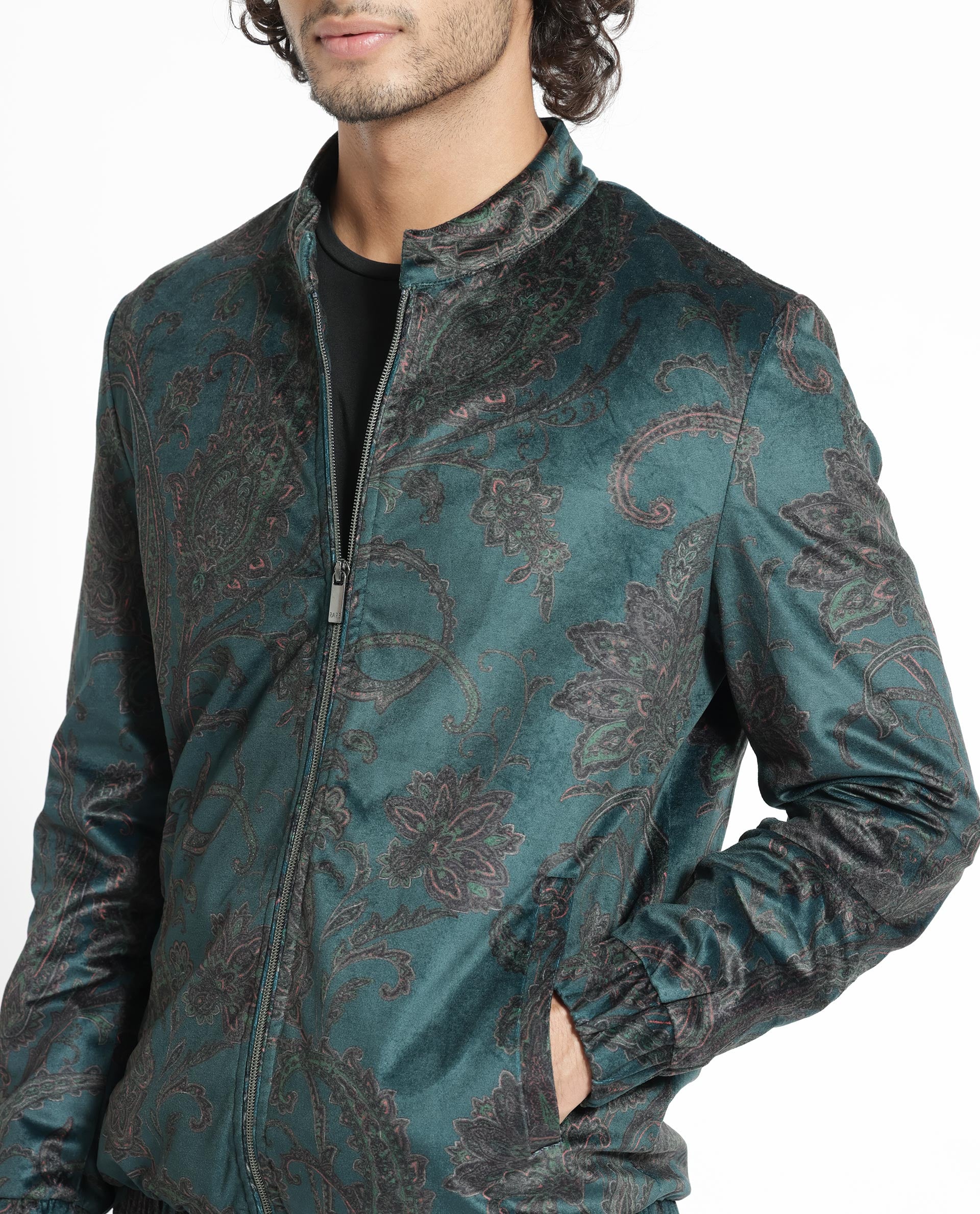 Rare Rabbit Men's Dalia Dark Teal Paisley Printed Velvet Smart Jacket