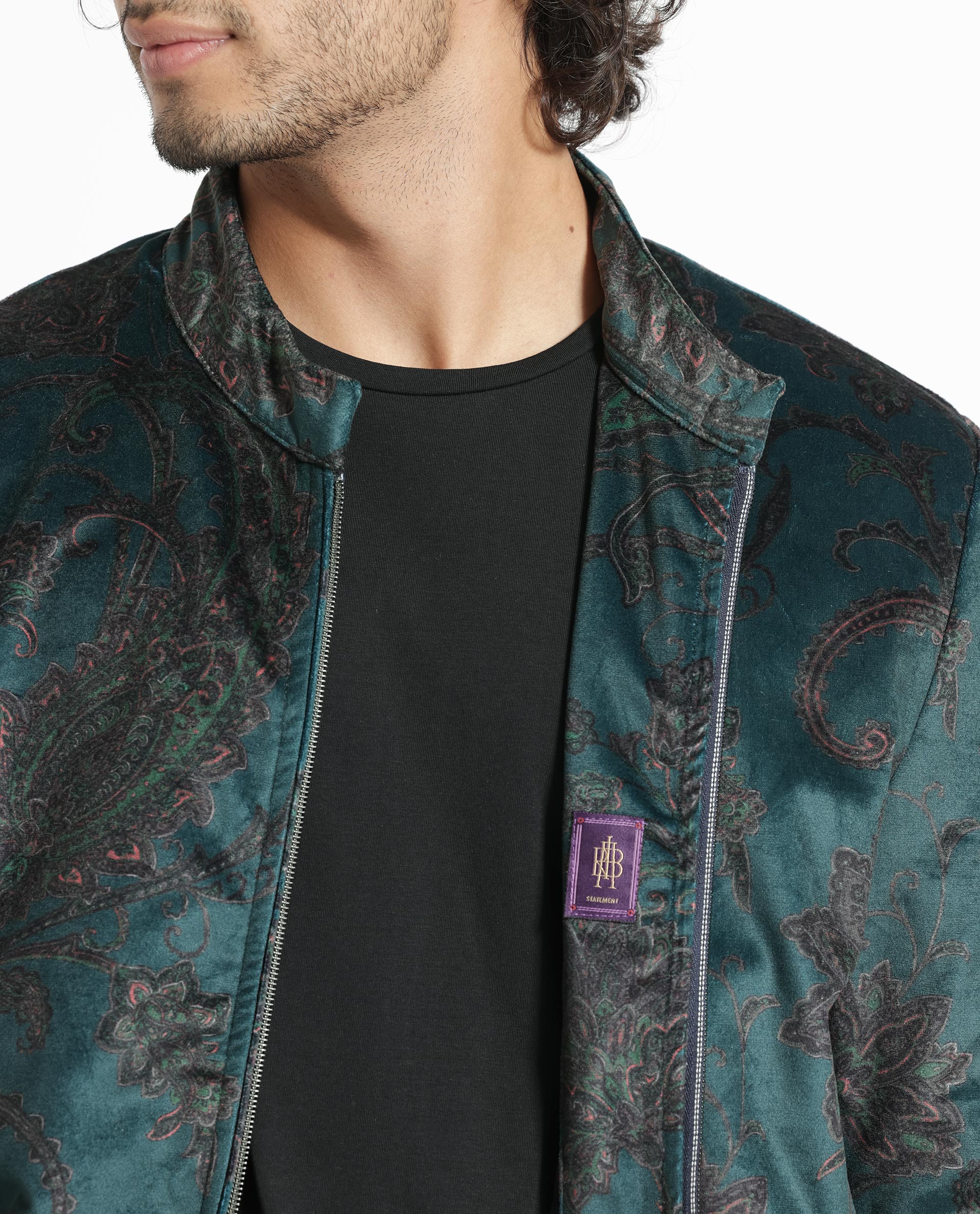 Rare Rabbit Men's Dalia Dark Teal Paisley Printed Velvet Smart Jacket