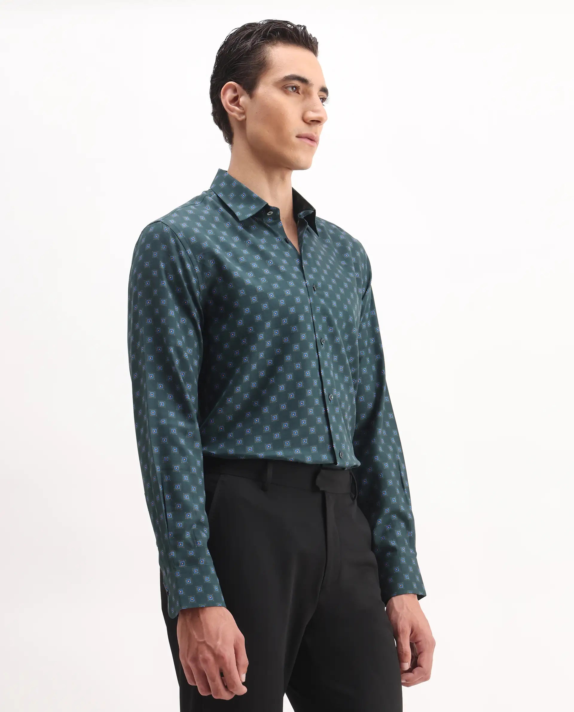 Rare Rabbit Men's Dalk Green Cotton Blend Geometric Print Regular Fit Full Sleeve Collared Shirt