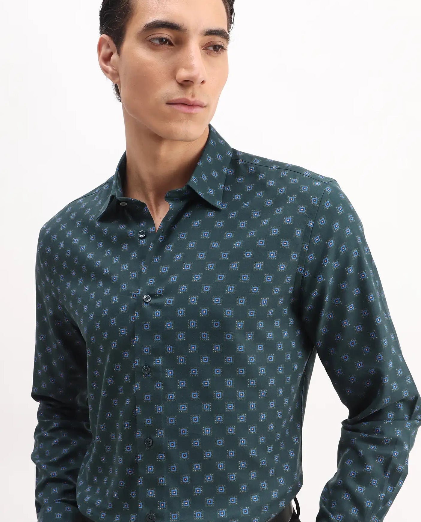 Rare Rabbit Men's Dalk Green Cotton Blend Geometric Print Regular Fit Full Sleeve Collared Shirt