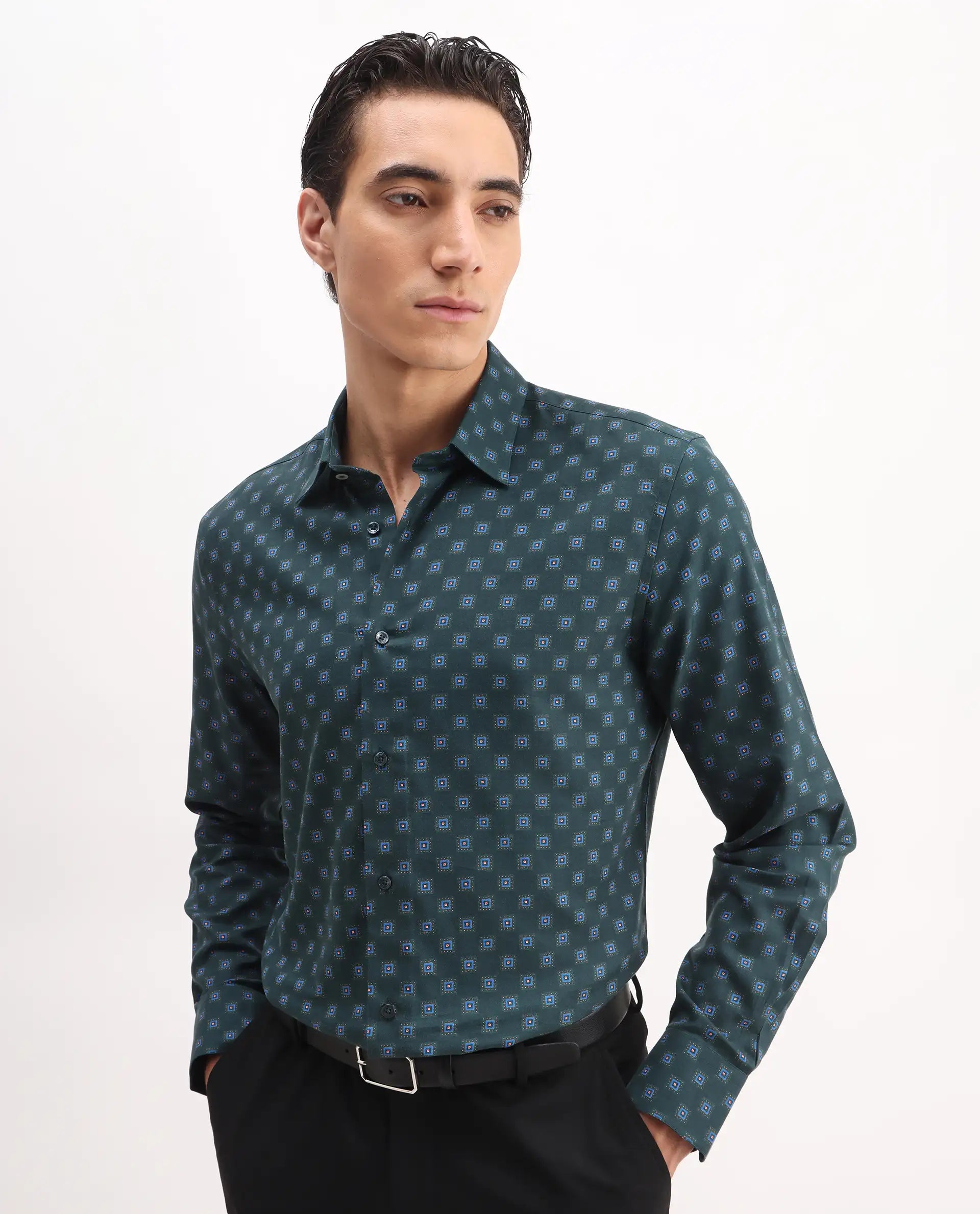 Rare Rabbit Men's Dalk Green Cotton Blend Geometric Print Regular Fit Full Sleeve Collared Shirt