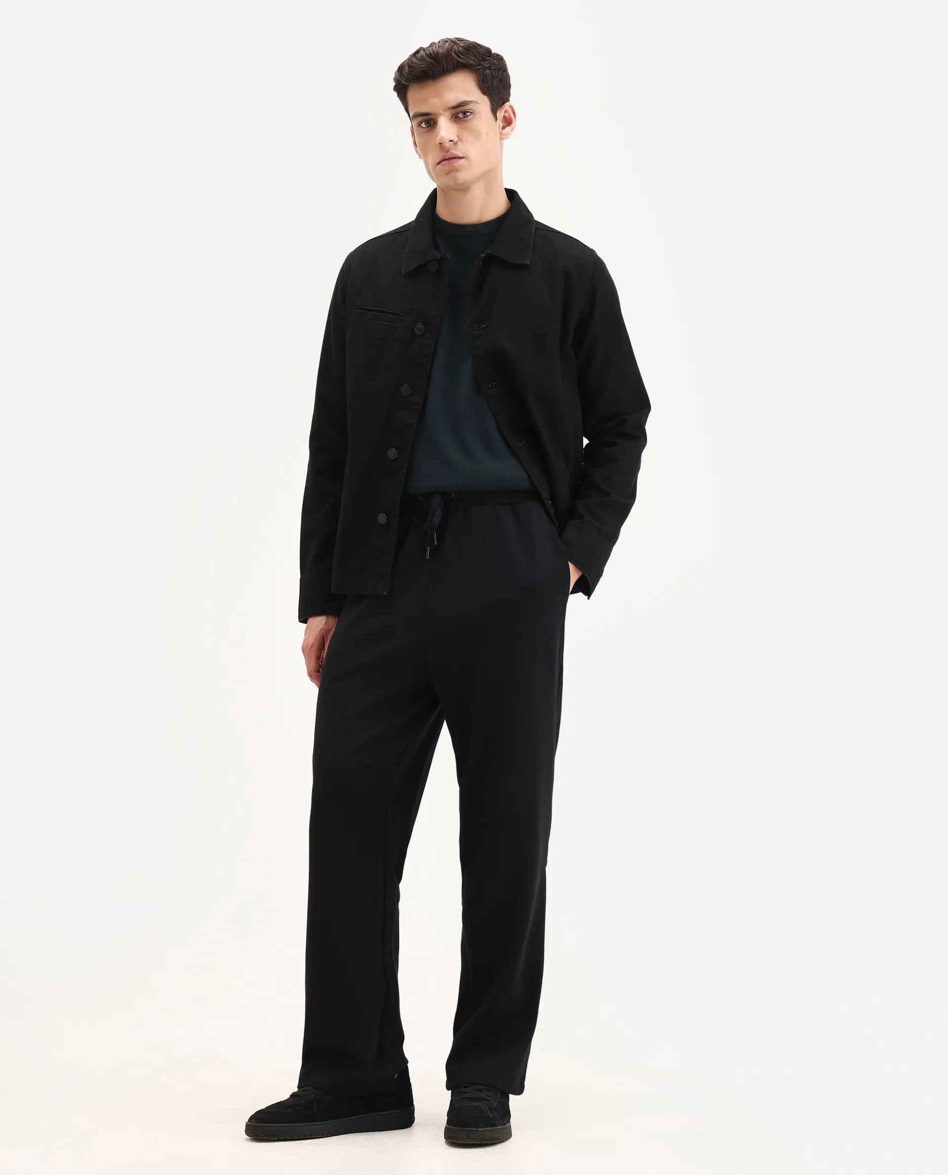 Rare Rabbit Men's Dalton Black Cotton Blend Plain Baggy Fit Trouser