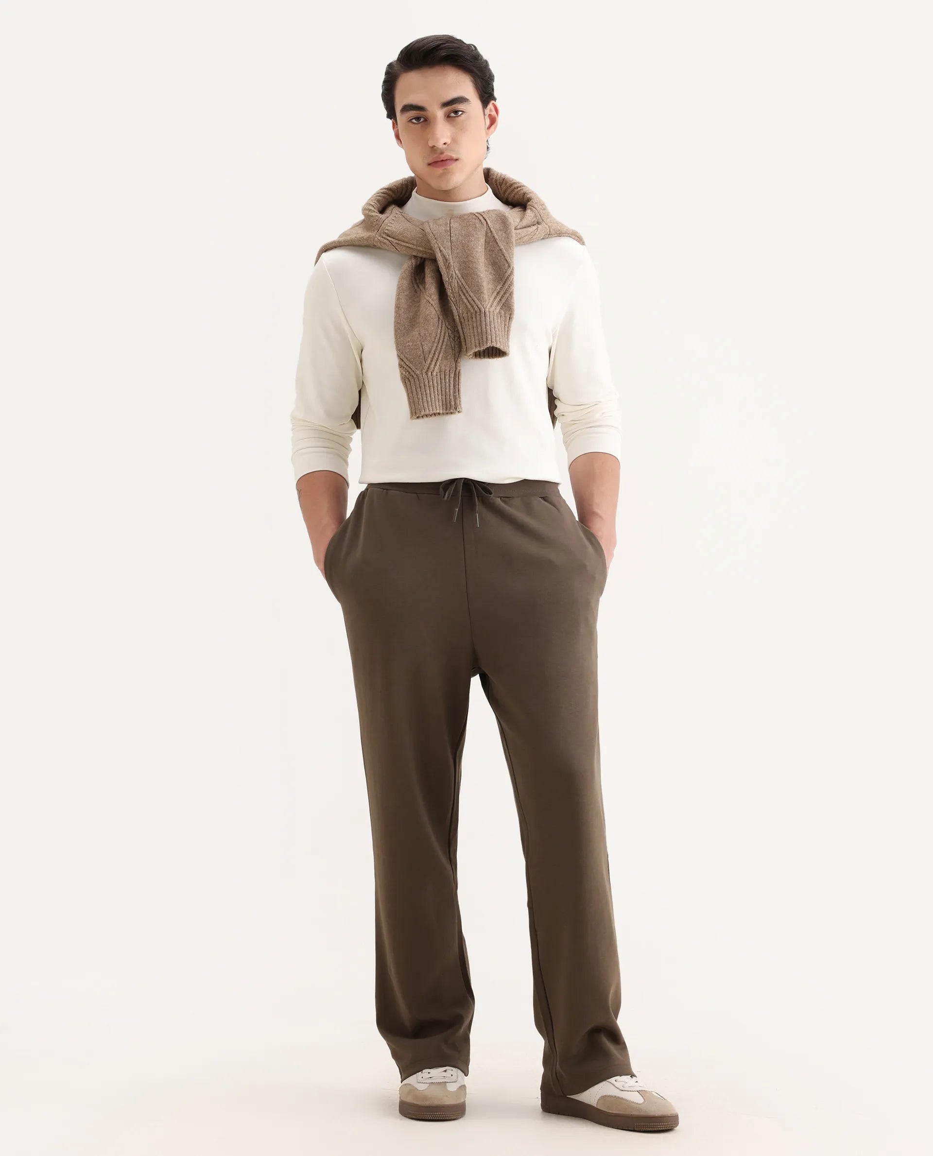 Rare Rabbit Men's Dalton Grey Cotton Blend Plain Baggy Fit Trouser