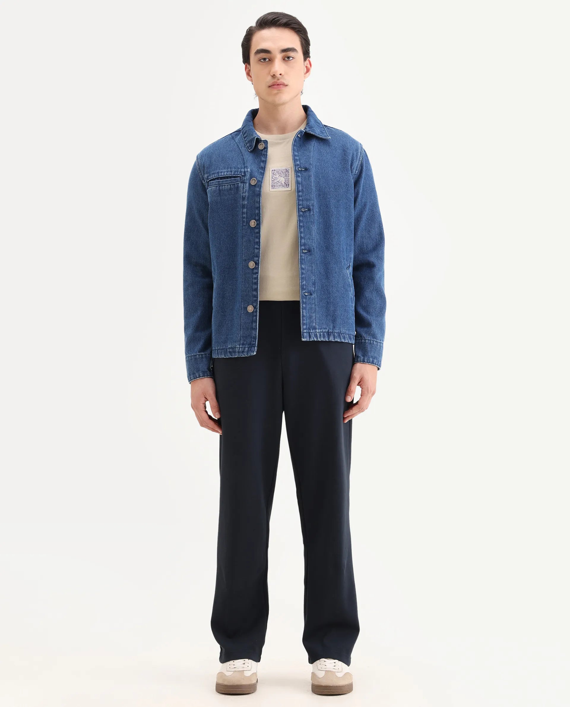 Rare Rabbit Men's Dalton Navy Cotton Blend Plain Baggy Fit Trouser