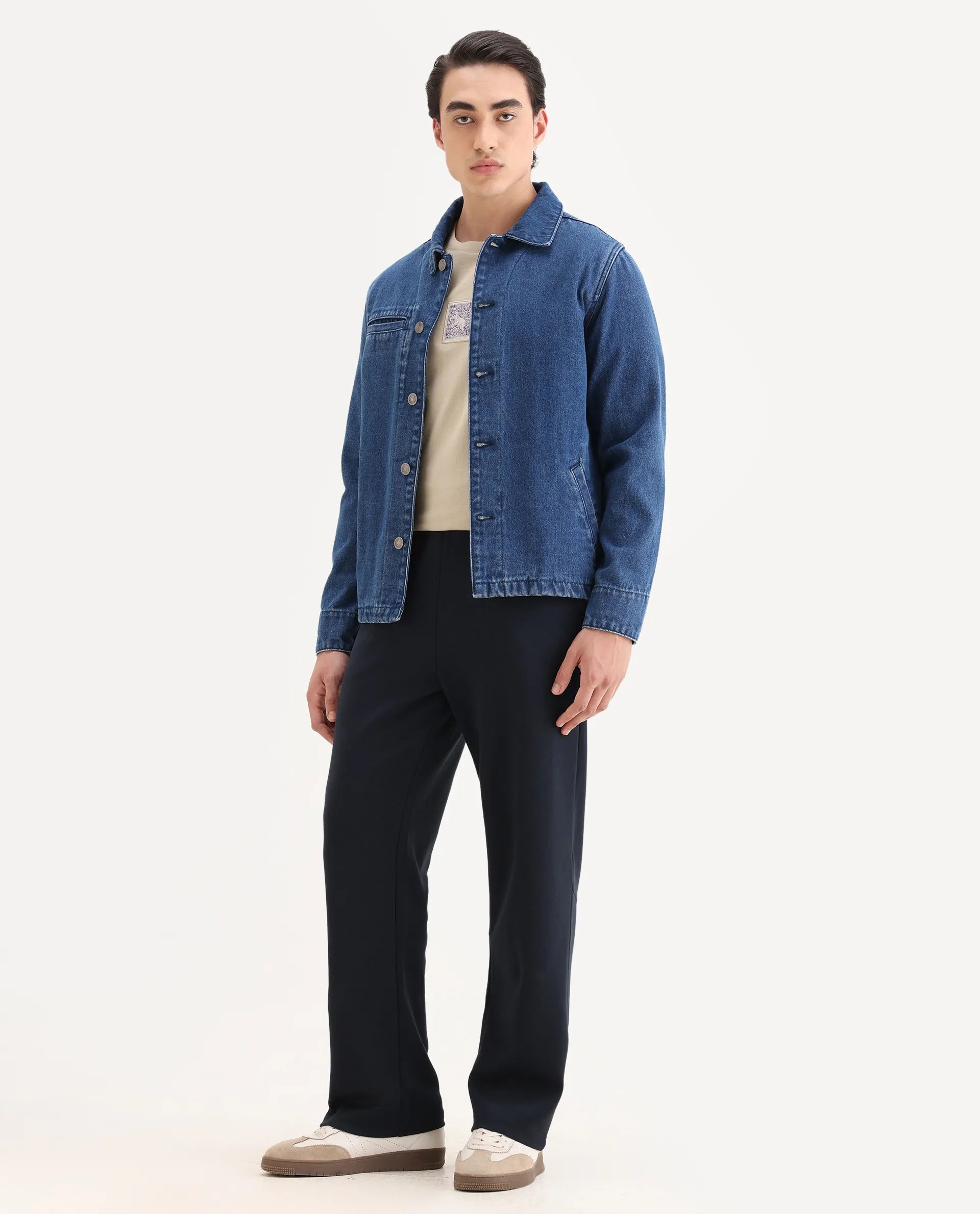 Rare Rabbit Men's Dalton Navy Cotton Blend Plain Baggy Fit Trouser