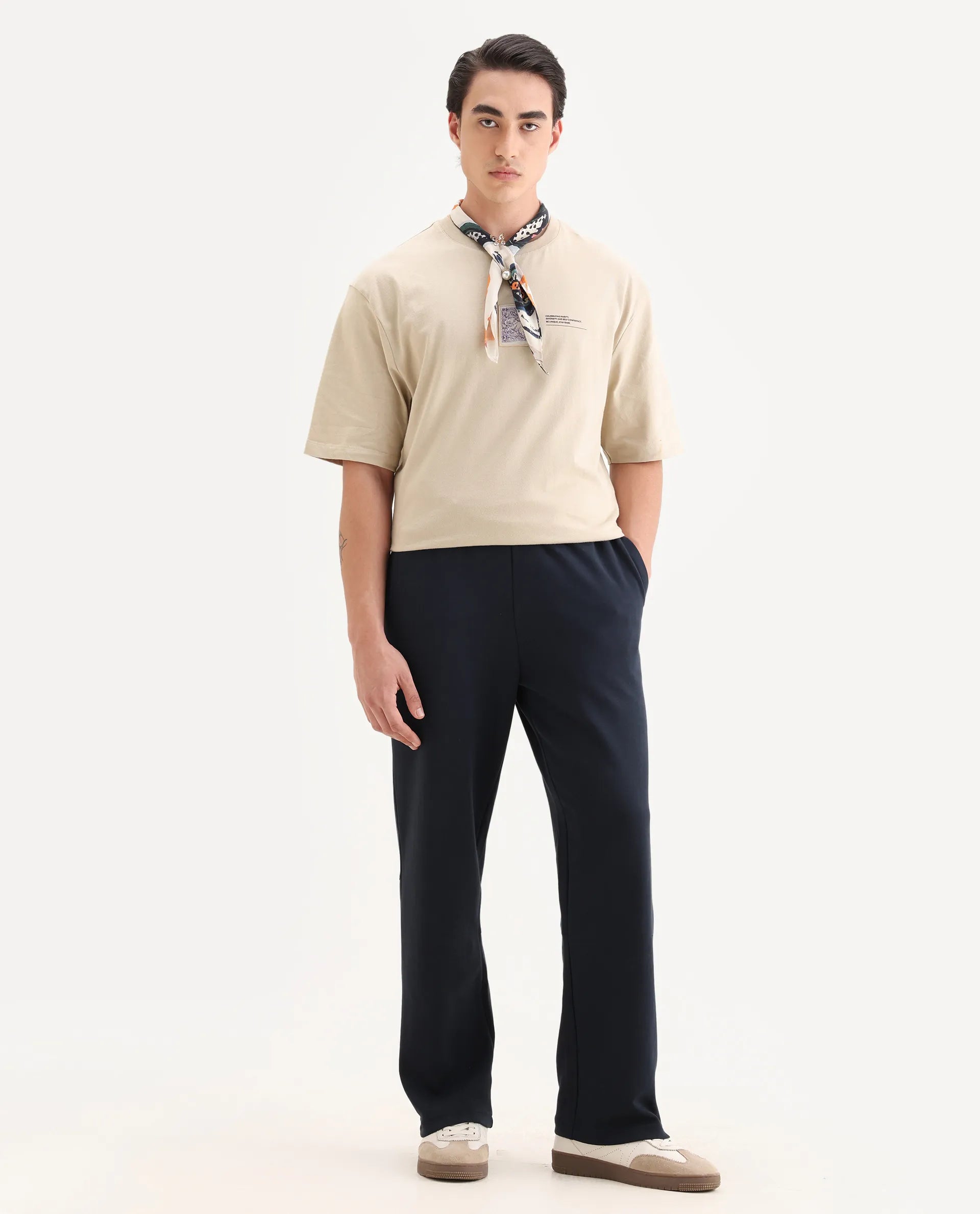 Rare Rabbit Men's Dalton Navy Cotton Blend Plain Baggy Fit Trouser