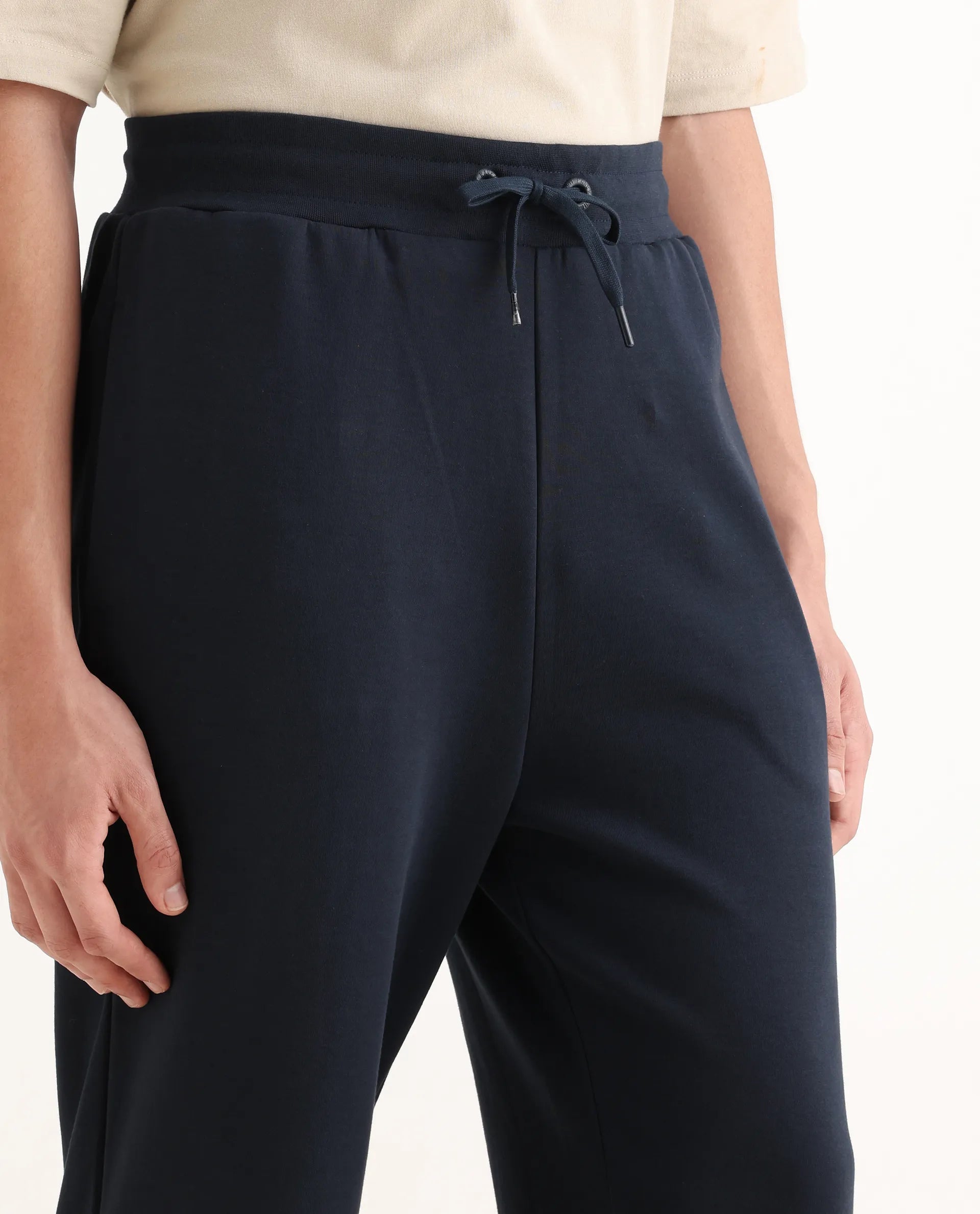 Rare Rabbit Men's Dalton Navy Cotton Blend Plain Baggy Fit Trouser