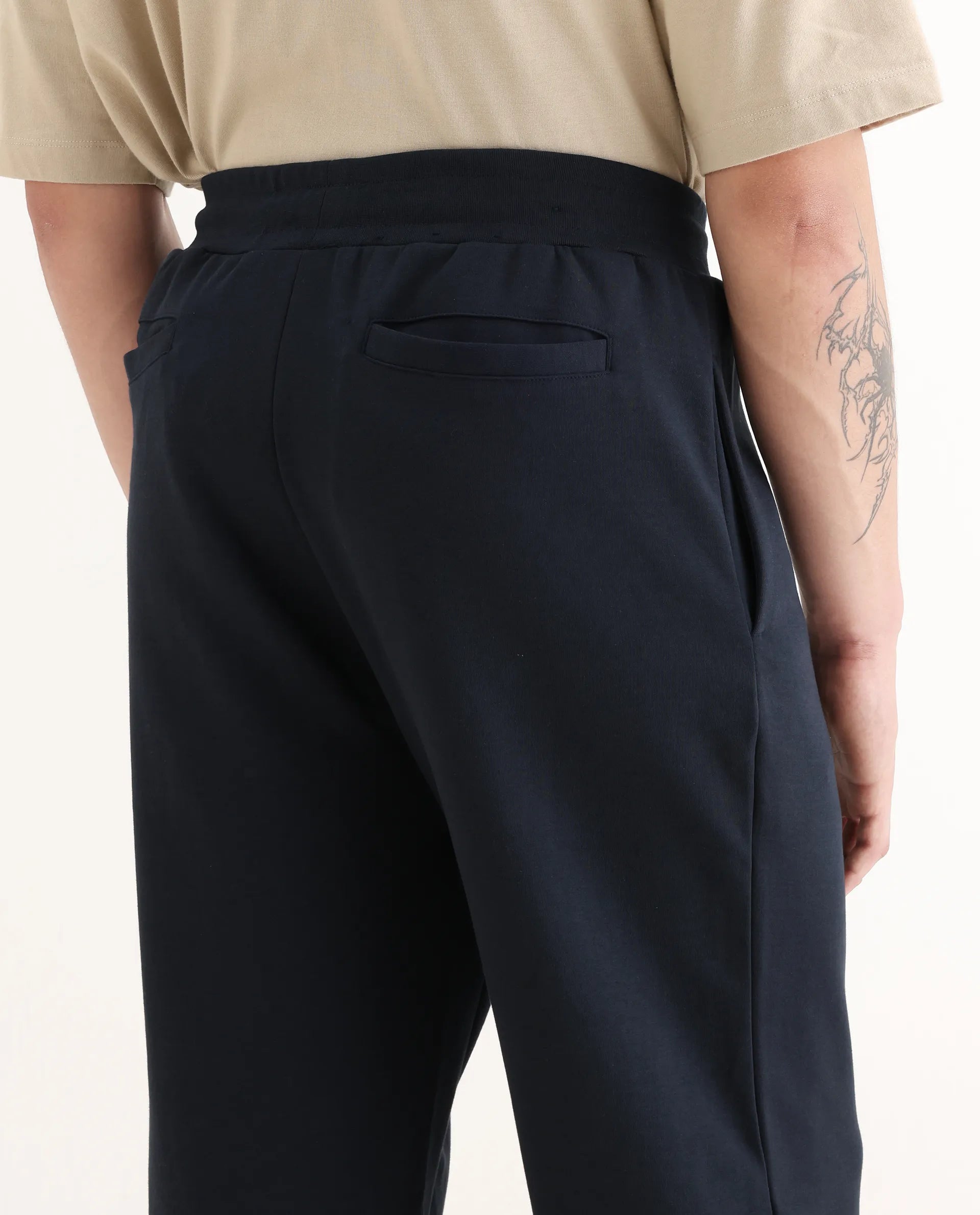 Rare Rabbit Men's Dalton Navy Cotton Blend Plain Baggy Fit Trouser