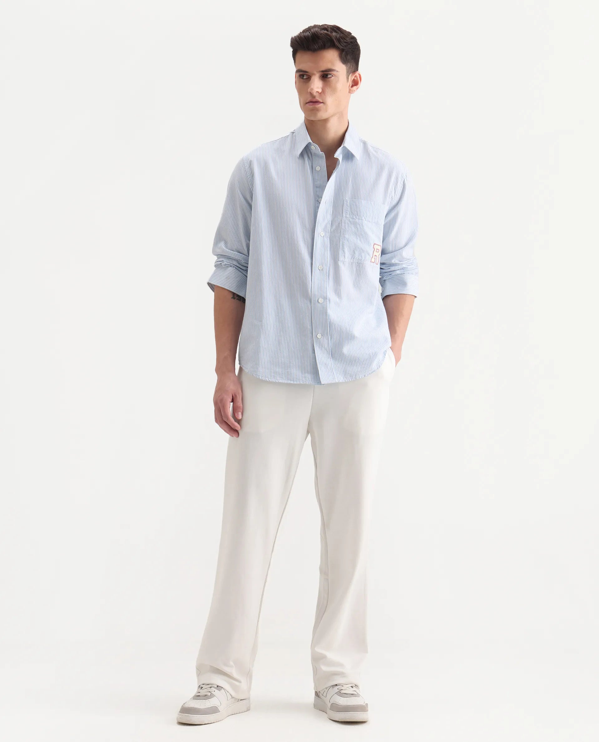 Rare Rabbit Men's Dalton Off White Cotton Blend Plain Baggy Fit Trouser