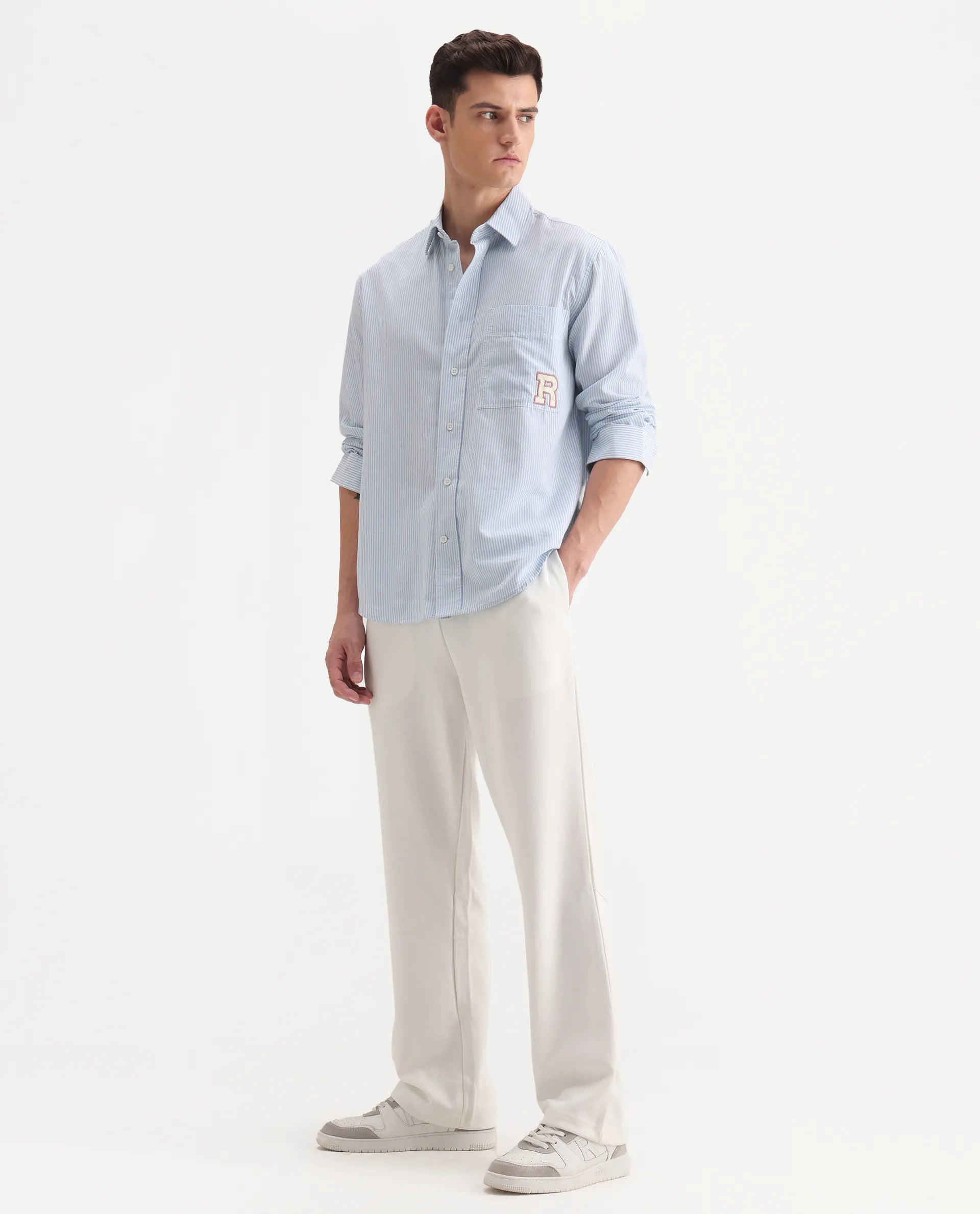 Rare Rabbit Men's Dalton Off White Cotton Blend Plain Baggy Fit Trouser