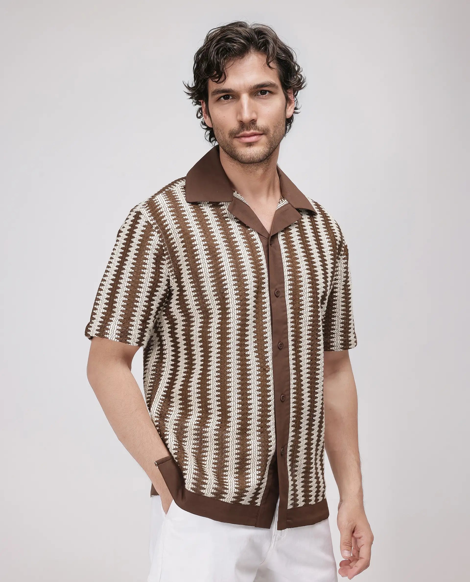 Rare Rabbit Men's Dana Brown Cotton Fabric Short Sleeve Cuban Collar Crochet Shirt