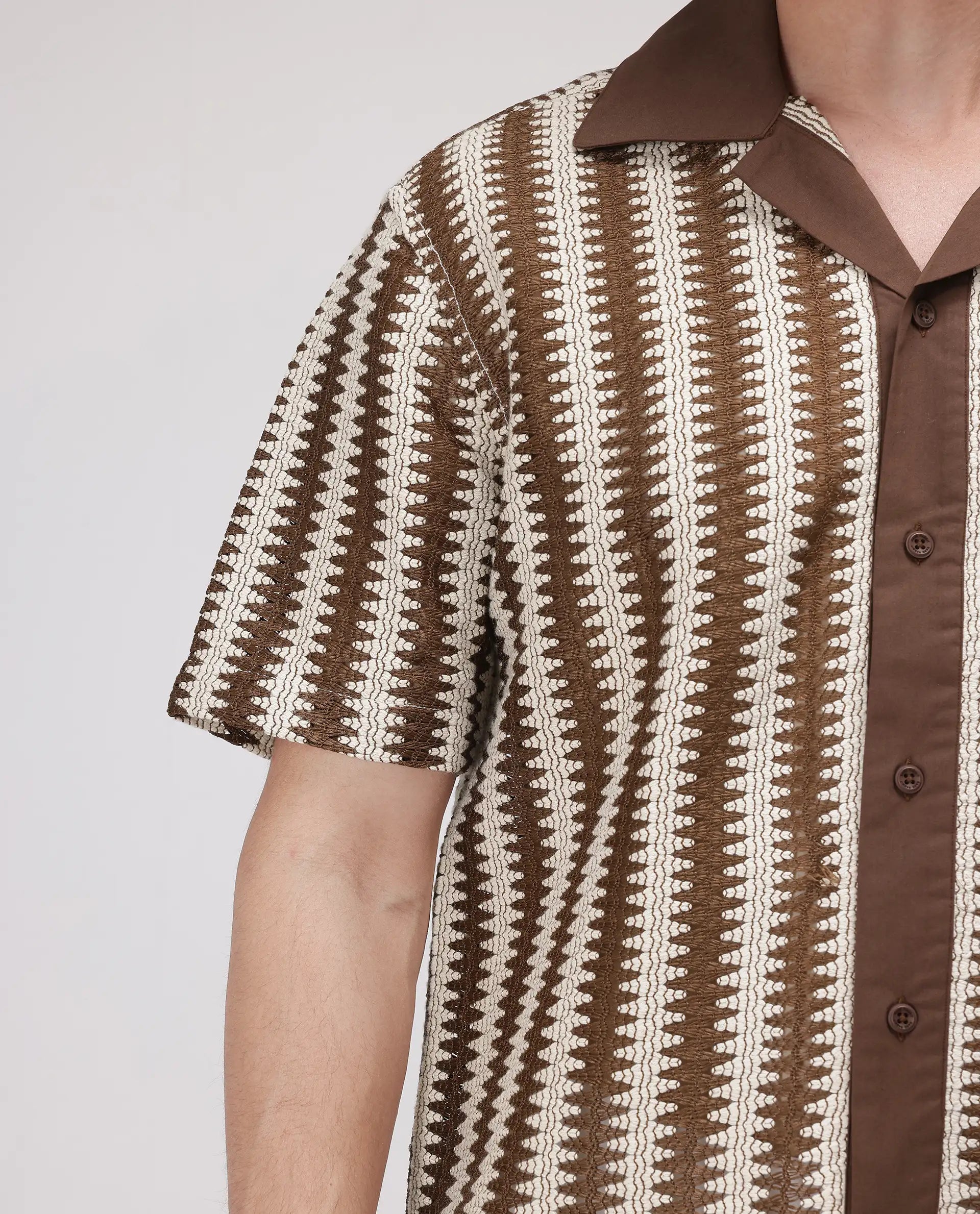 Rare Rabbit Men's Dana Brown Cotton Fabric Short Sleeve Cuban Collar Crochet Shirt