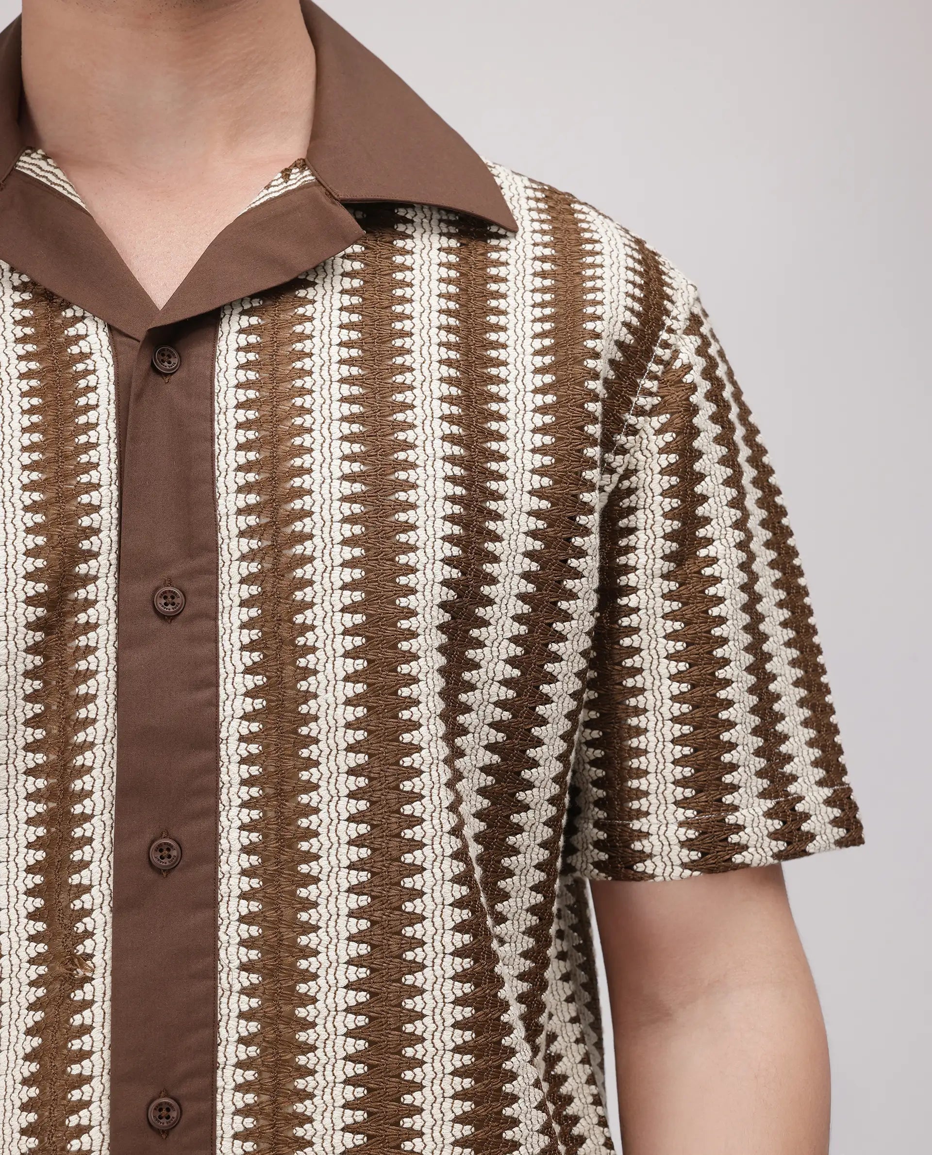 Rare Rabbit Men's Dana Brown Cotton Fabric Short Sleeve Cuban Collar Crochet Shirt