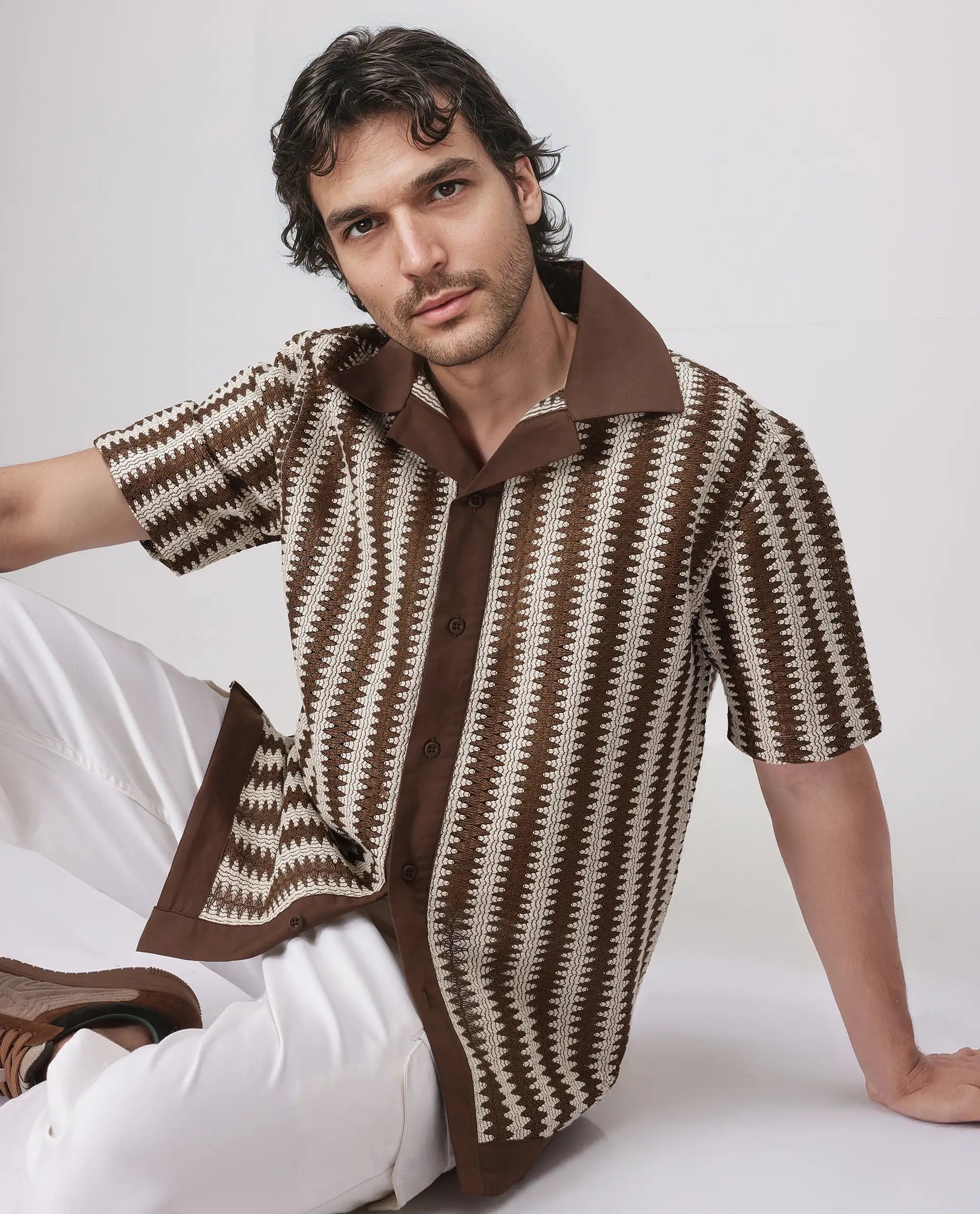 Rare Rabbit Men's Dana Brown Cotton Fabric Short Sleeve Cuban Collar Crochet Shirt