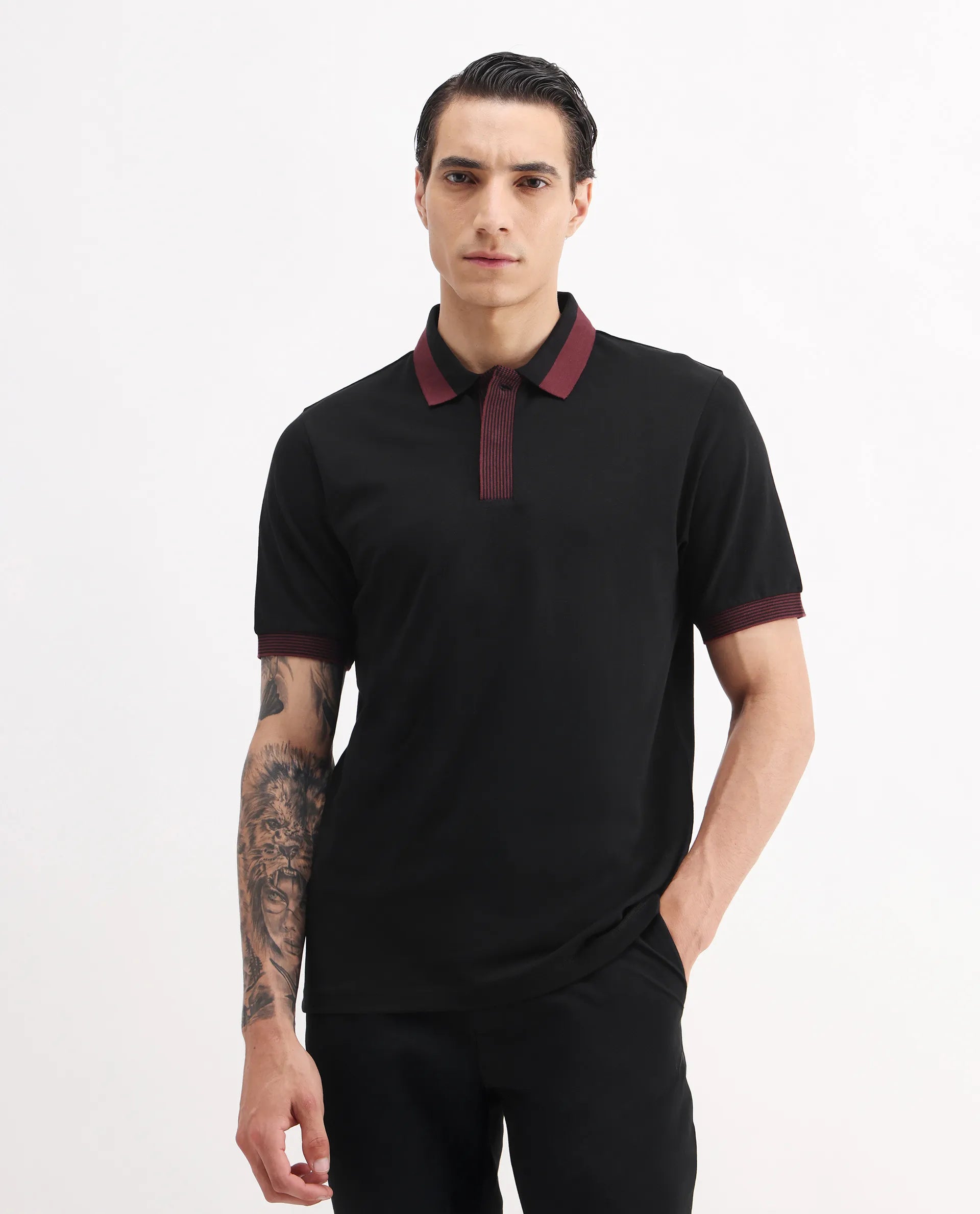 Rare Rabbit Men's Dane Black Cotton Blend Plain Regular Fit Half Sleeve Polo