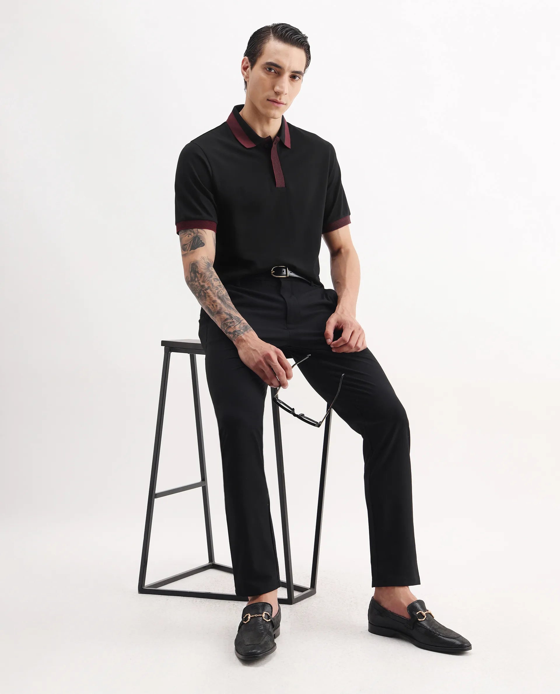 Rare Rabbit Men's Dane Black Cotton Blend Plain Regular Fit Half Sleeve Polo