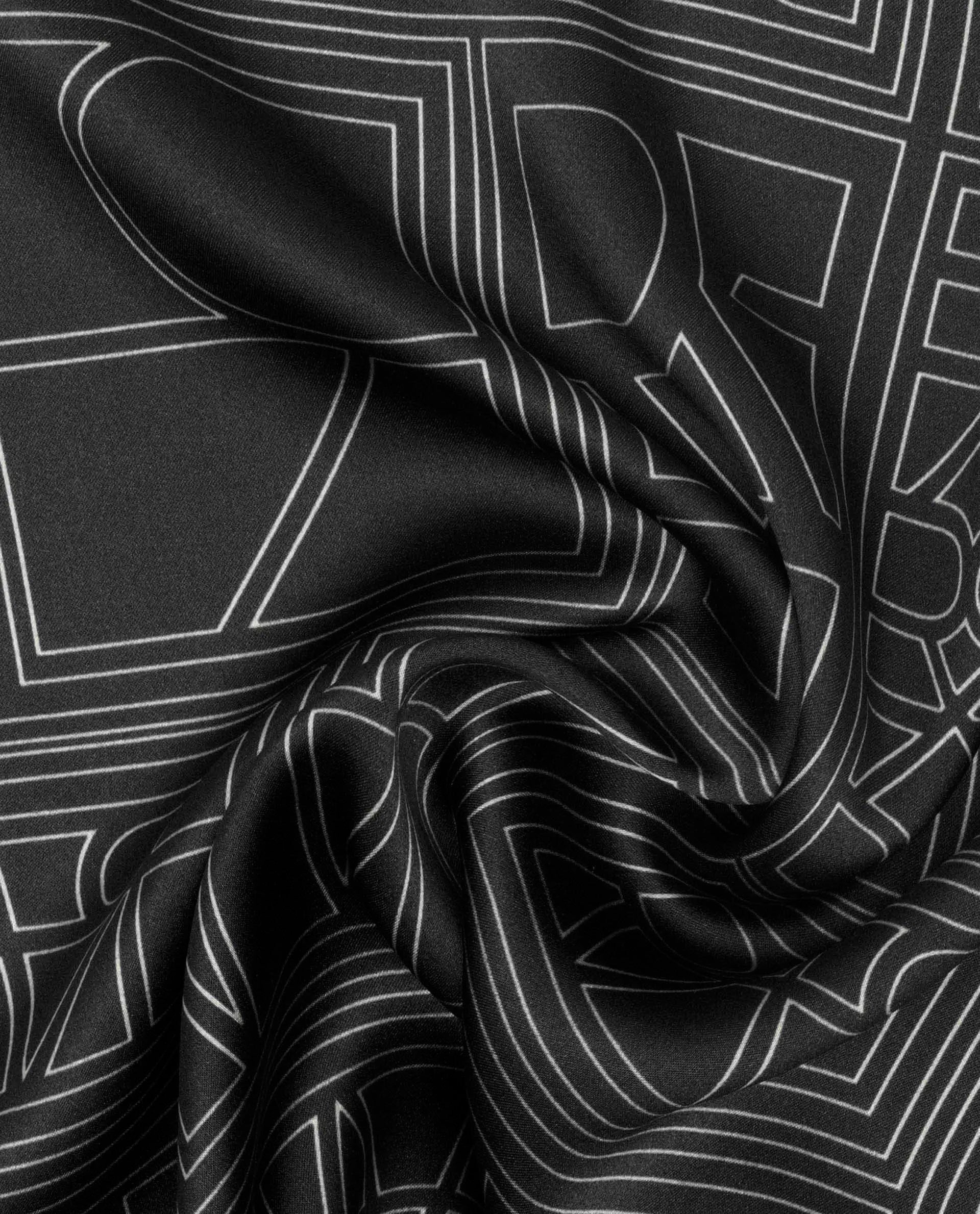 Rare Rabbit Men's Dani Black Silk Fabric Monogram Print Pocket Square