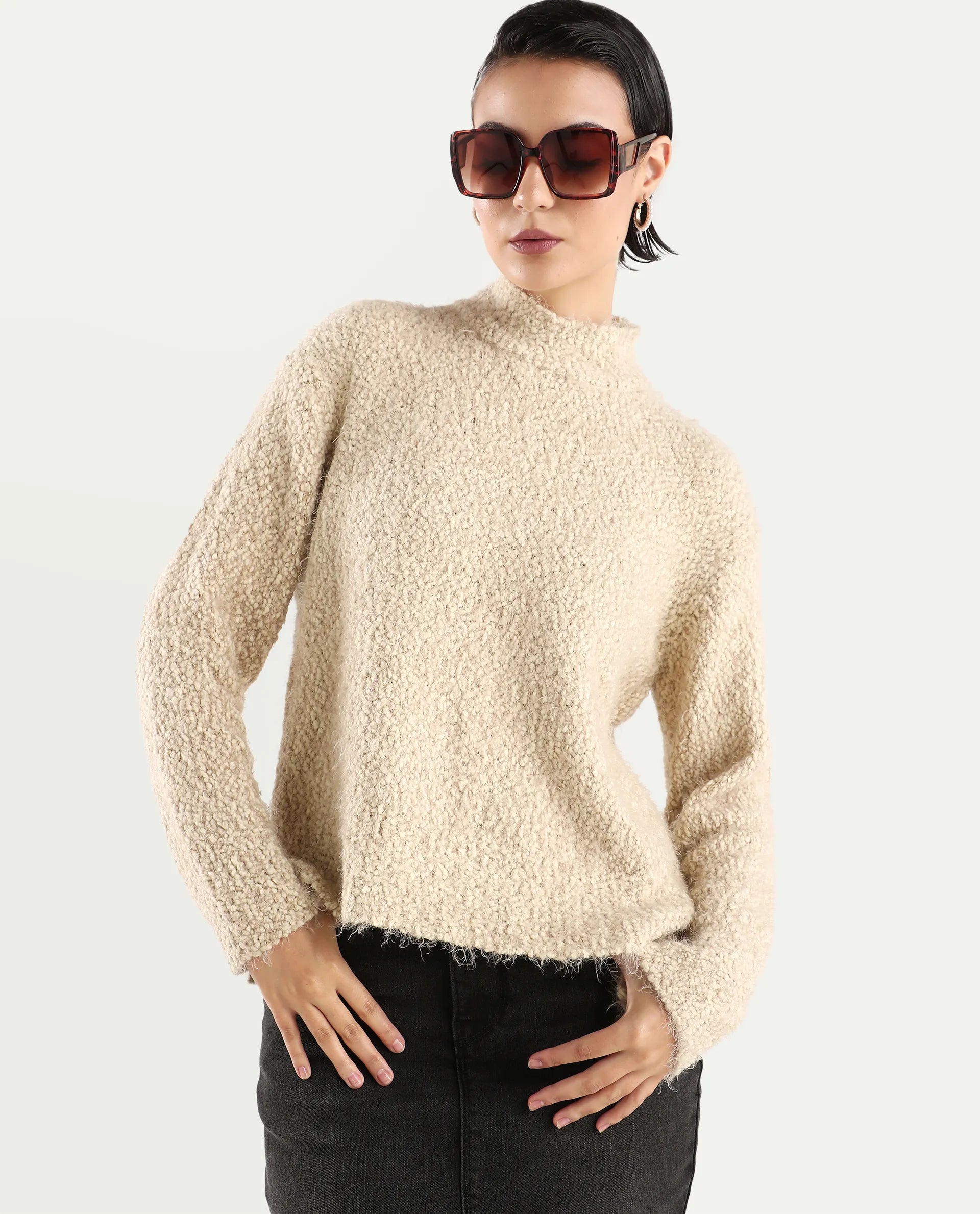 Rareism Women's Danicata Beige Polyester High Neck Plain Relaxed Fit Sweater