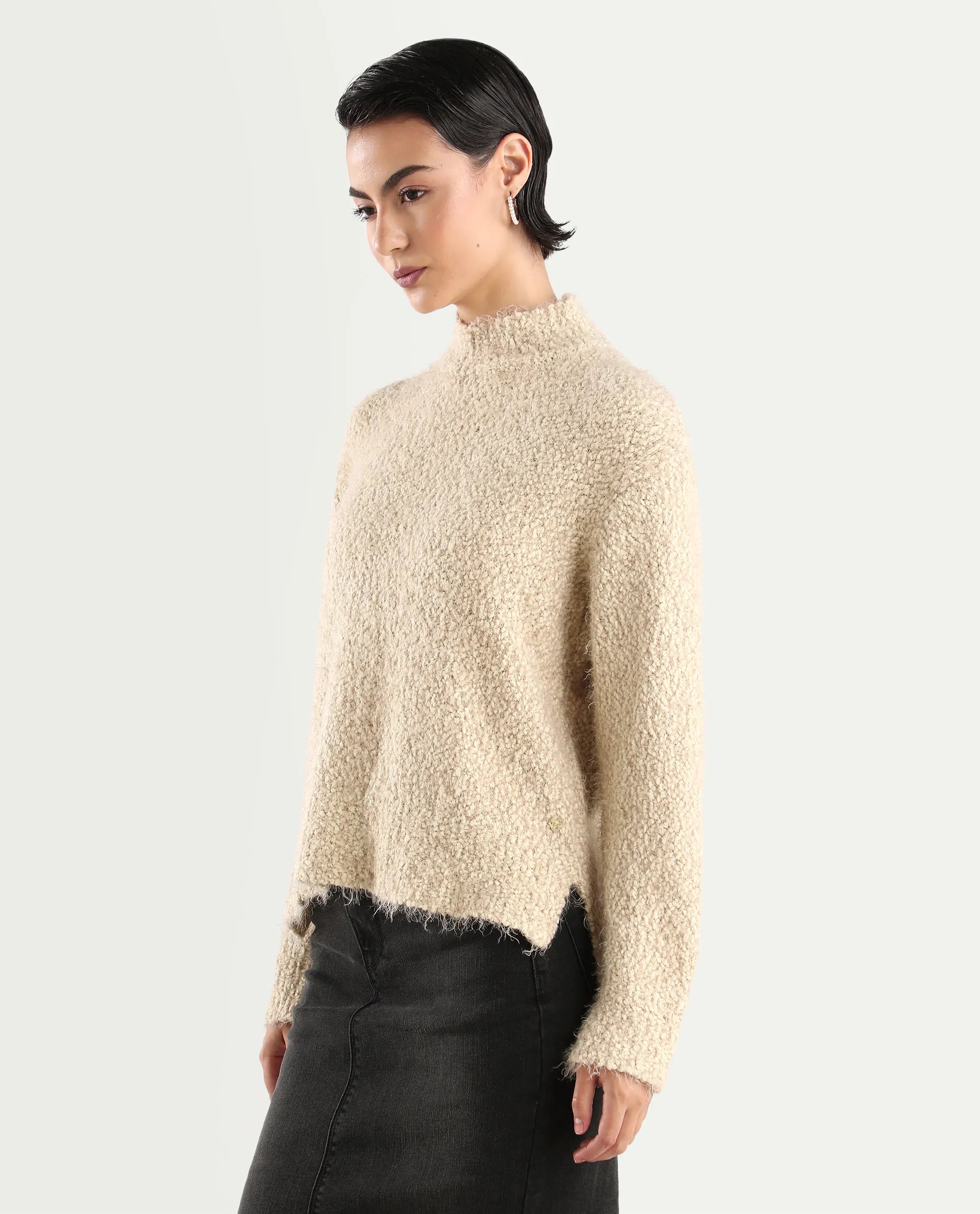 Rareism Women's Danicata Beige Polyester High Neck Plain Relaxed Fit Sweater