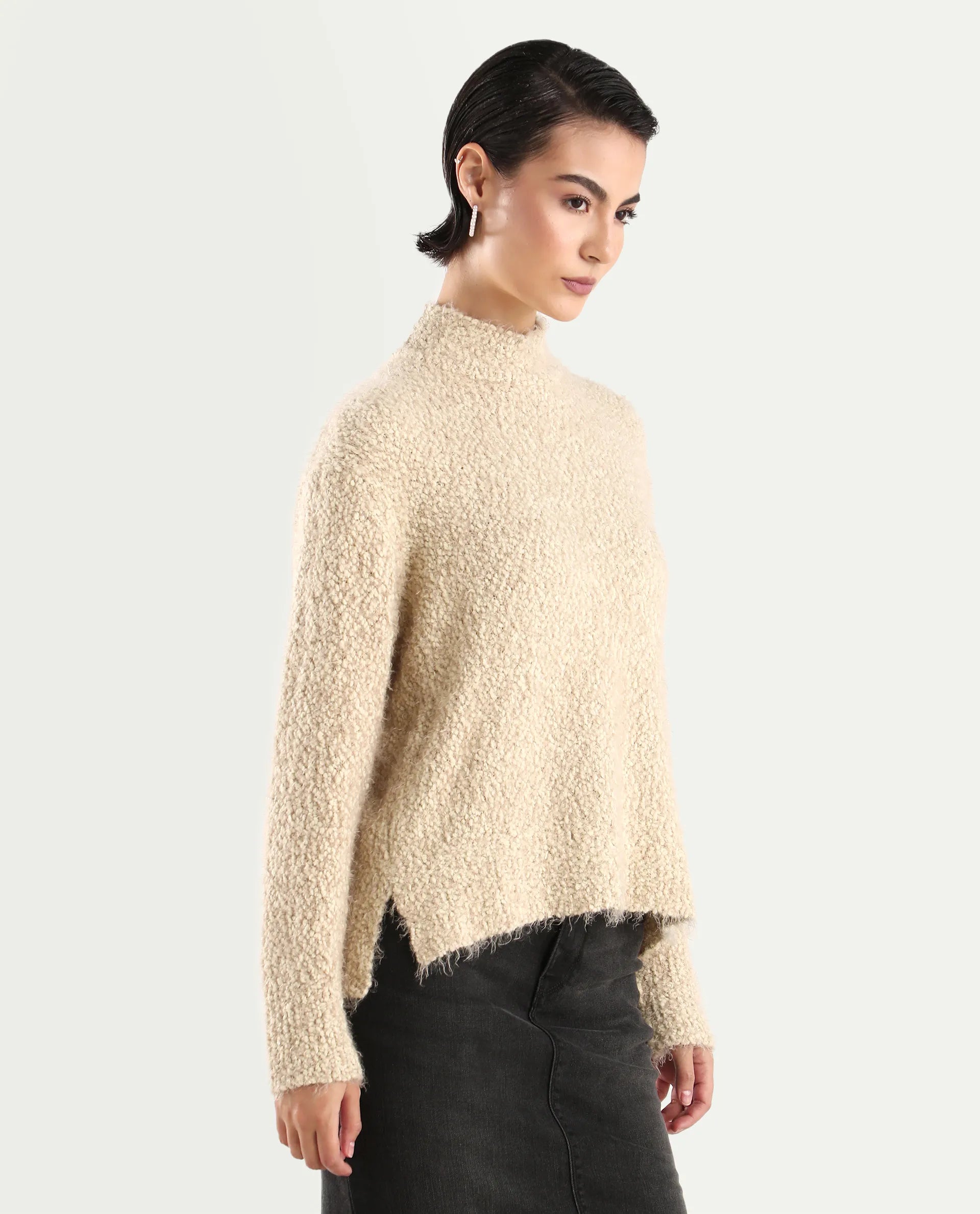 Rareism Women's Danicata Beige Polyester High Neck Plain Relaxed Fit Sweater