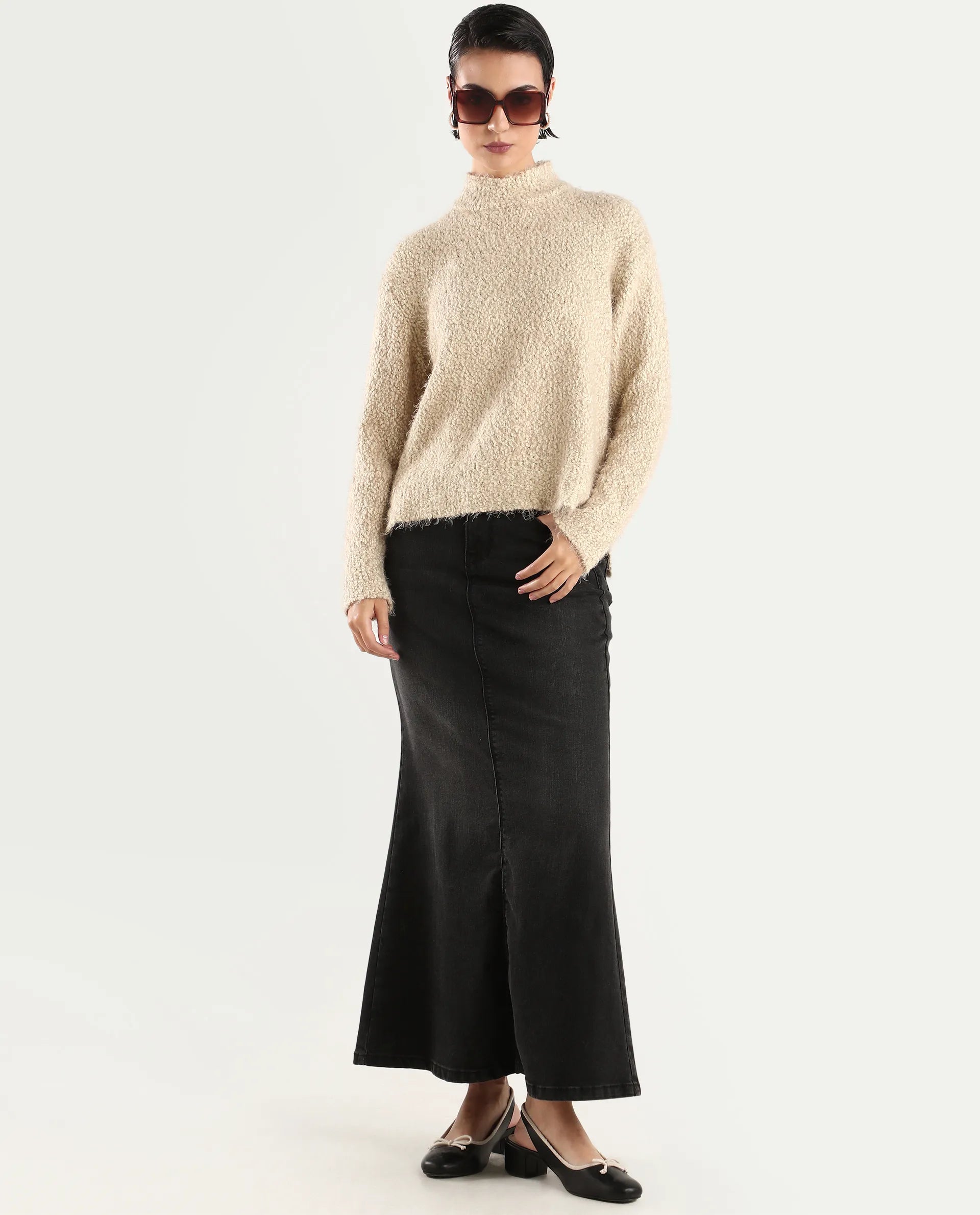 Rareism Women's Danicata Beige Polyester High Neck Plain Relaxed Fit Sweater