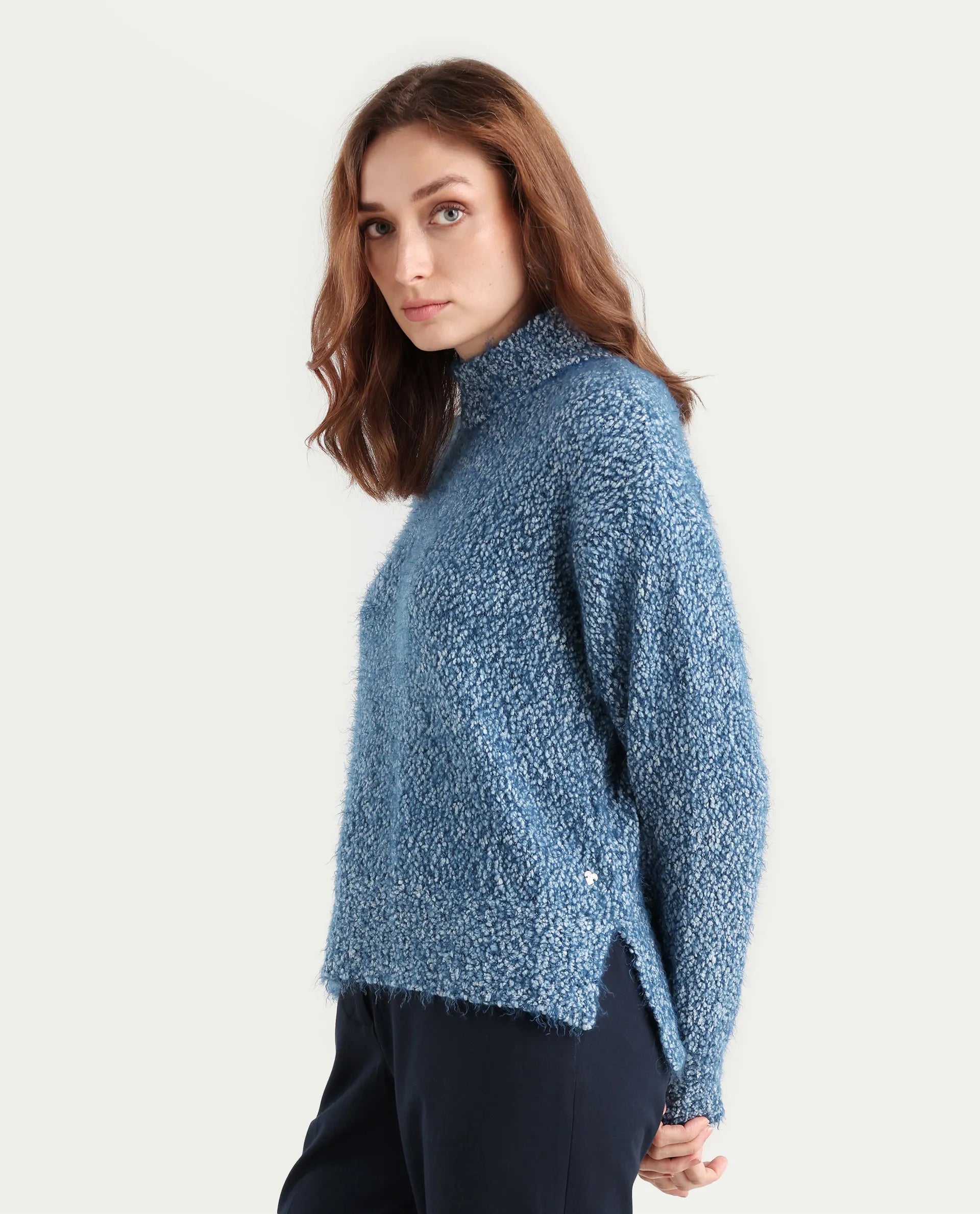 Rareism Women's Danicata Blue Polyester Cowl Neck Plain Relaxed Fit Sweater