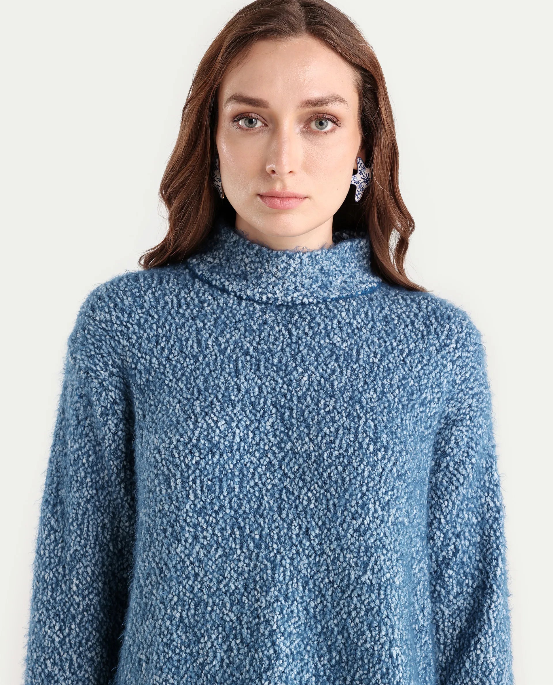Rareism Women's Danicata Blue Polyester Cowl Neck Plain Relaxed Fit Sweater