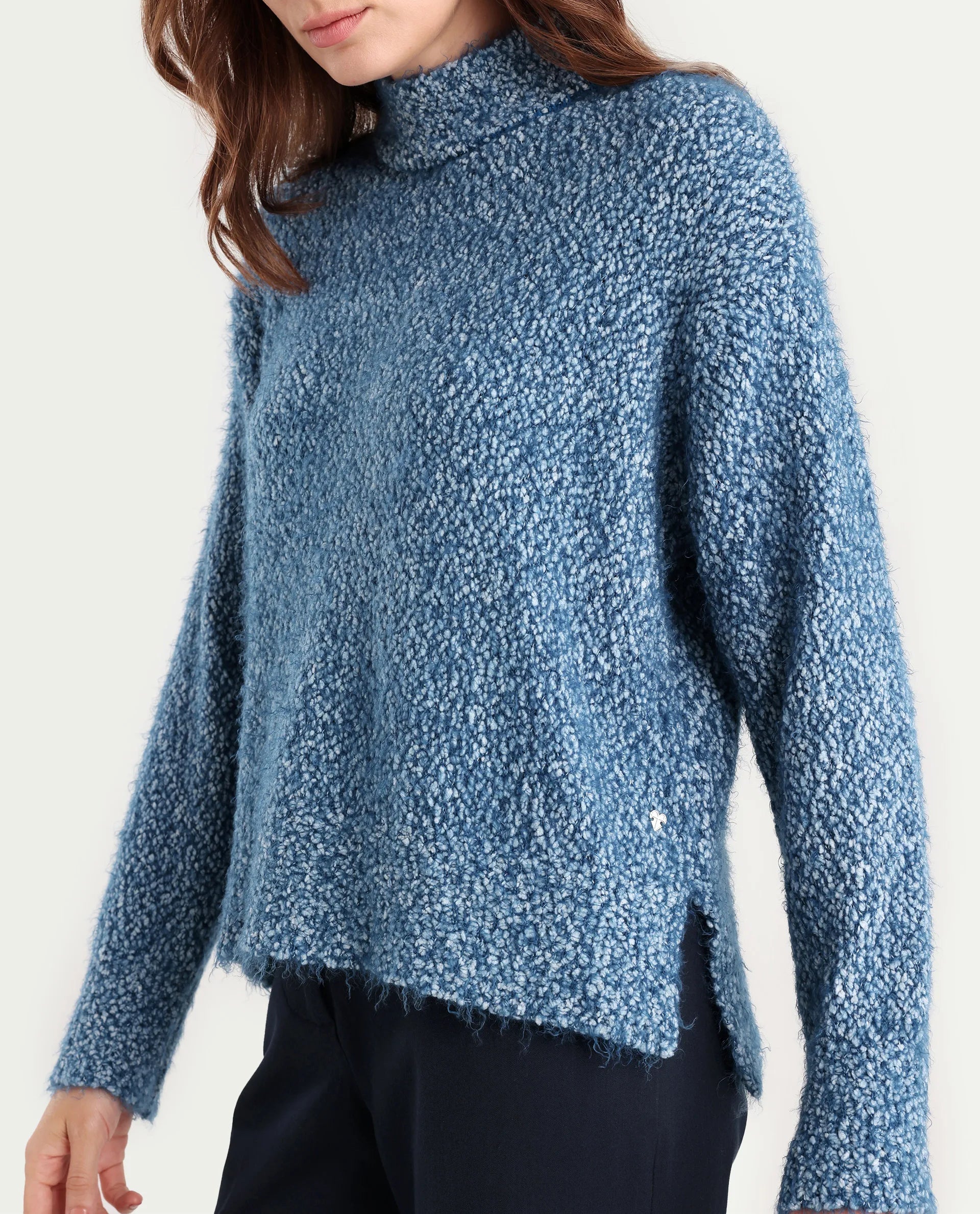 Rareism Women's Danicata Blue Polyester Cowl Neck Plain Relaxed Fit Sweater