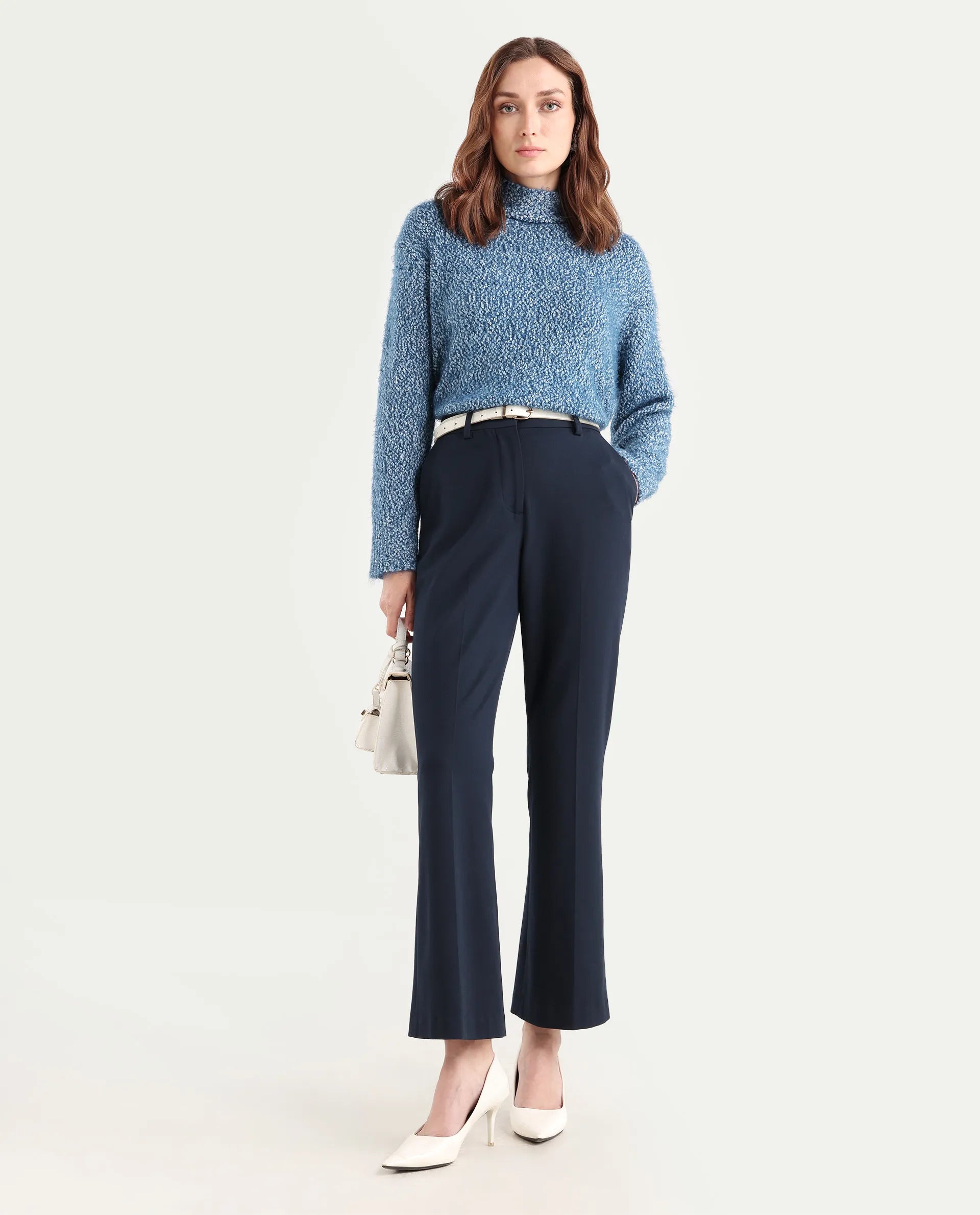 Rareism Women's Danicata Blue Polyester Cowl Neck Plain Relaxed Fit Sweater