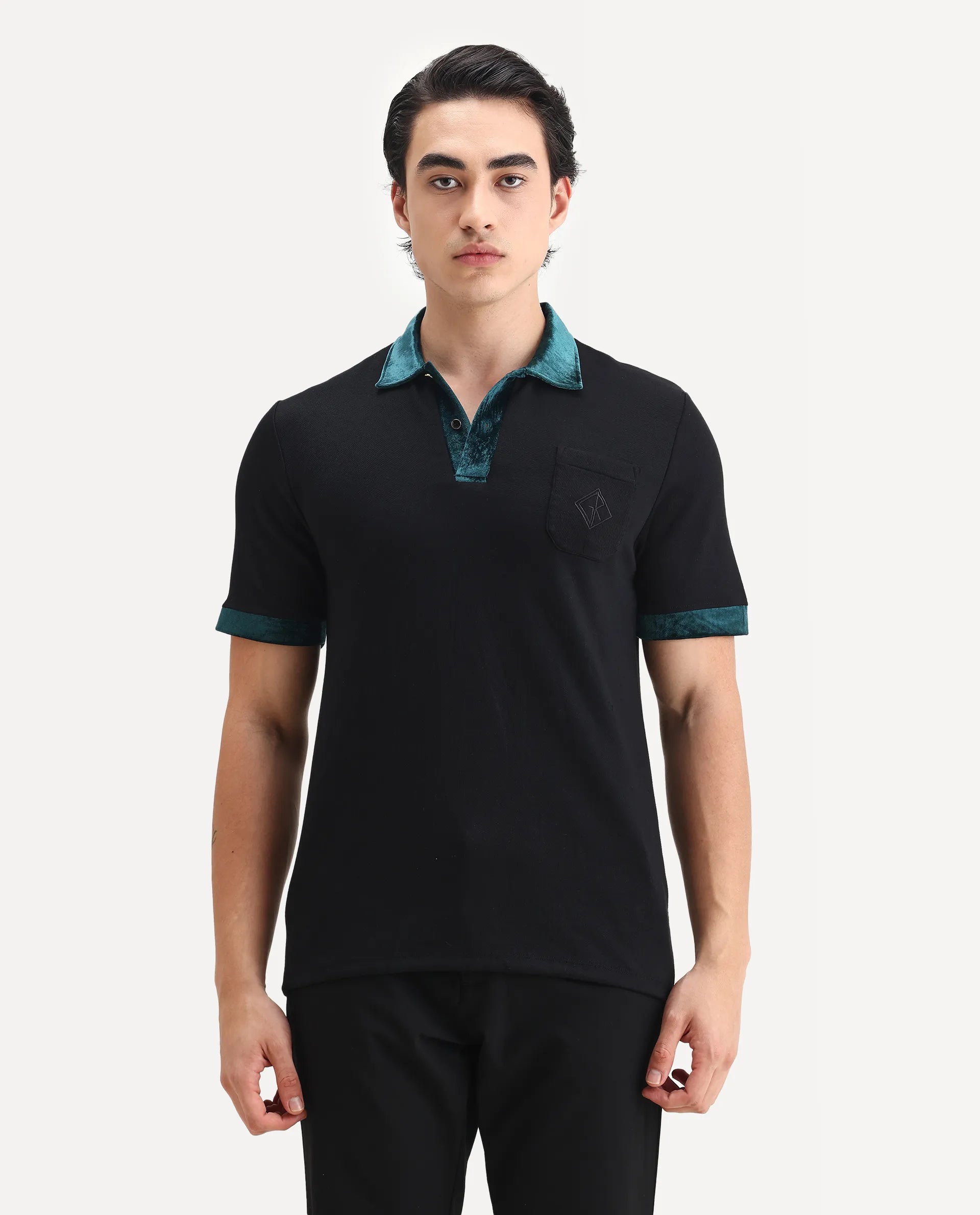 Rare Rabbit Men's Danil-1 Black Cotton Embroidered Regular Fit Half Sleeve Polo