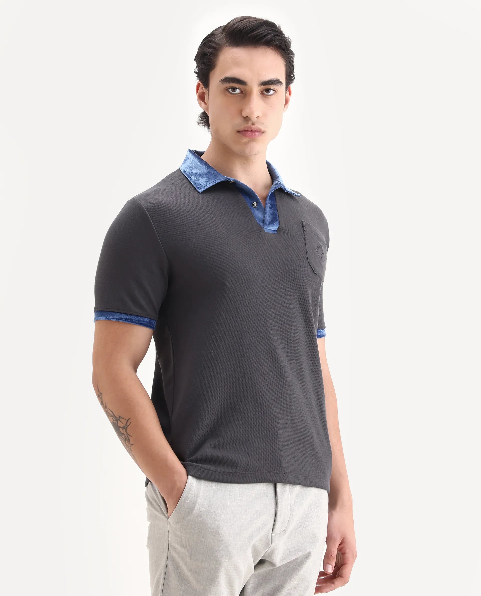 Rare Rabbit Men's Danil-1 Dark Grey Cotton Embroidered Regular Fit Half Sleeve Polo