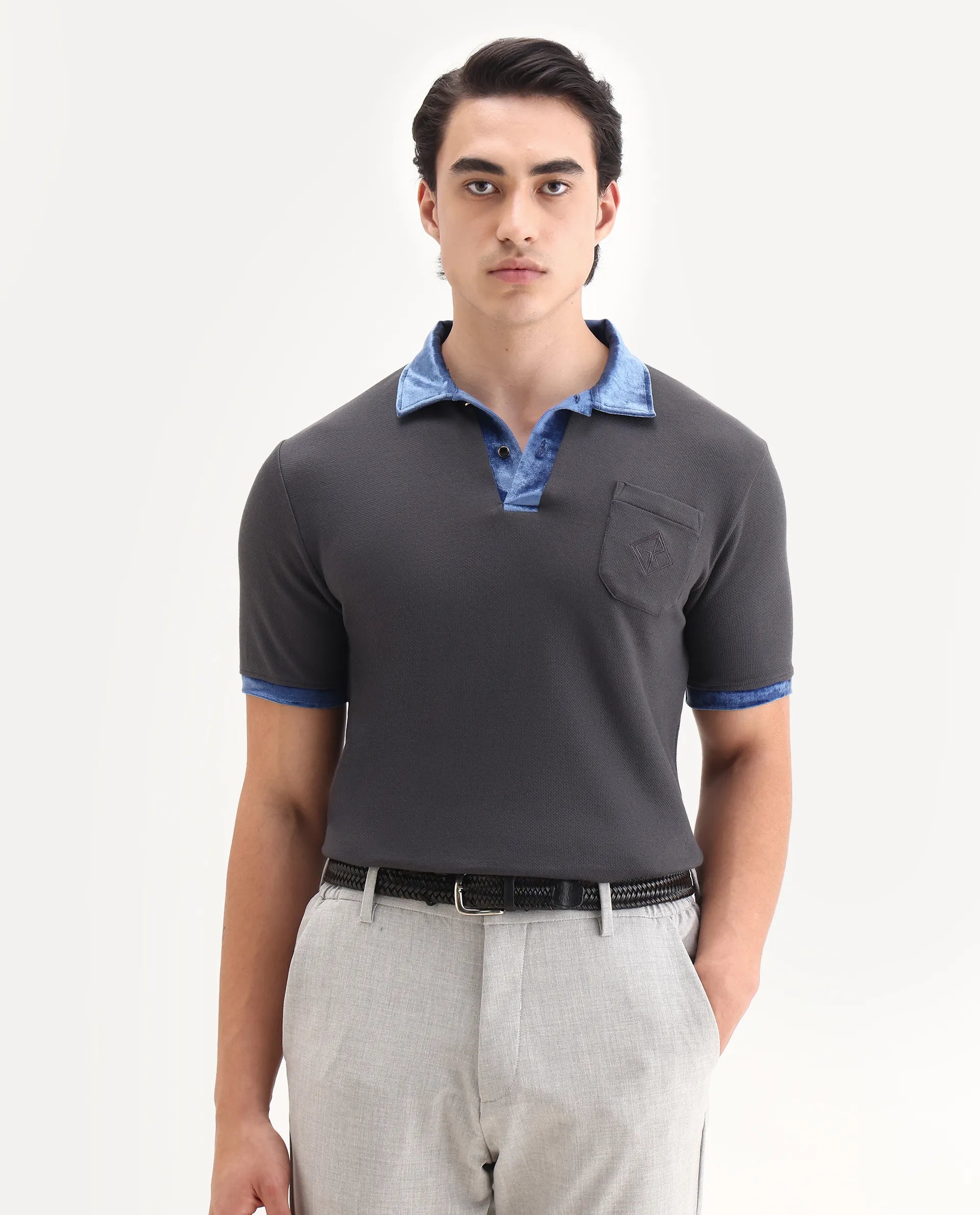 Rare Rabbit Men's Danil-1 Dark Grey Cotton Embroidered Regular Fit Half Sleeve Polo