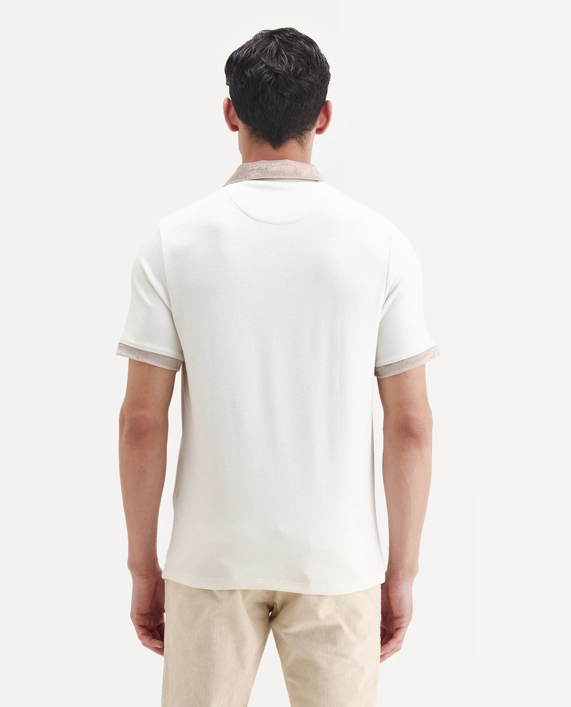 Rare Rabbit Men's Danil-1 Off White Cotton Embroidered Regular Fit Half Sleeve Polo