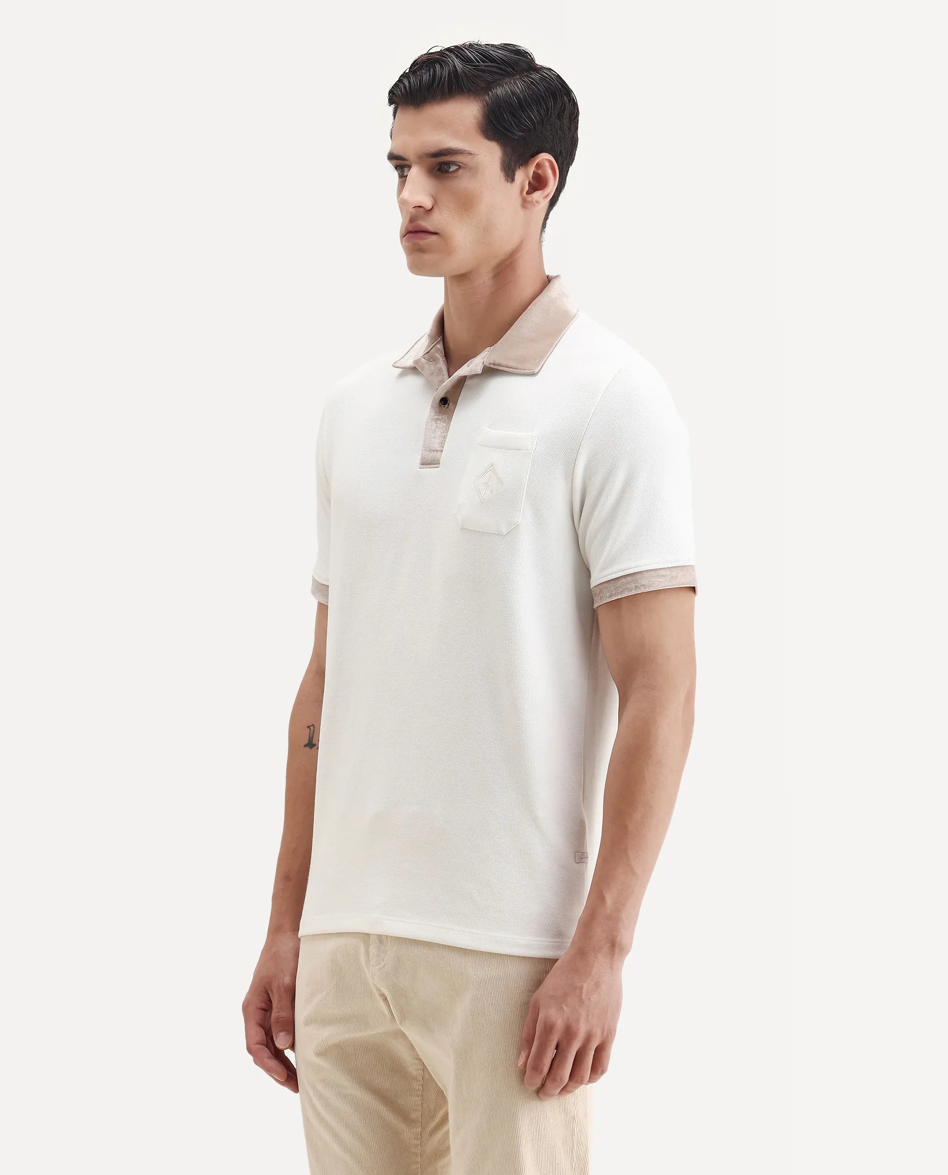 Rare Rabbit Men's Danil-1 Off White Cotton Embroidered Regular Fit Half Sleeve Polo