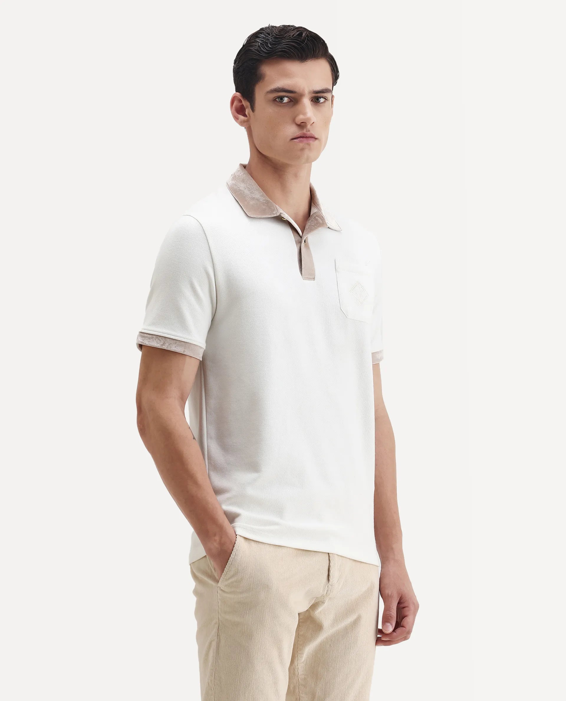 Rare Rabbit Men's Danil-1 Off White Cotton Embroidered Regular Fit Half Sleeve Polo