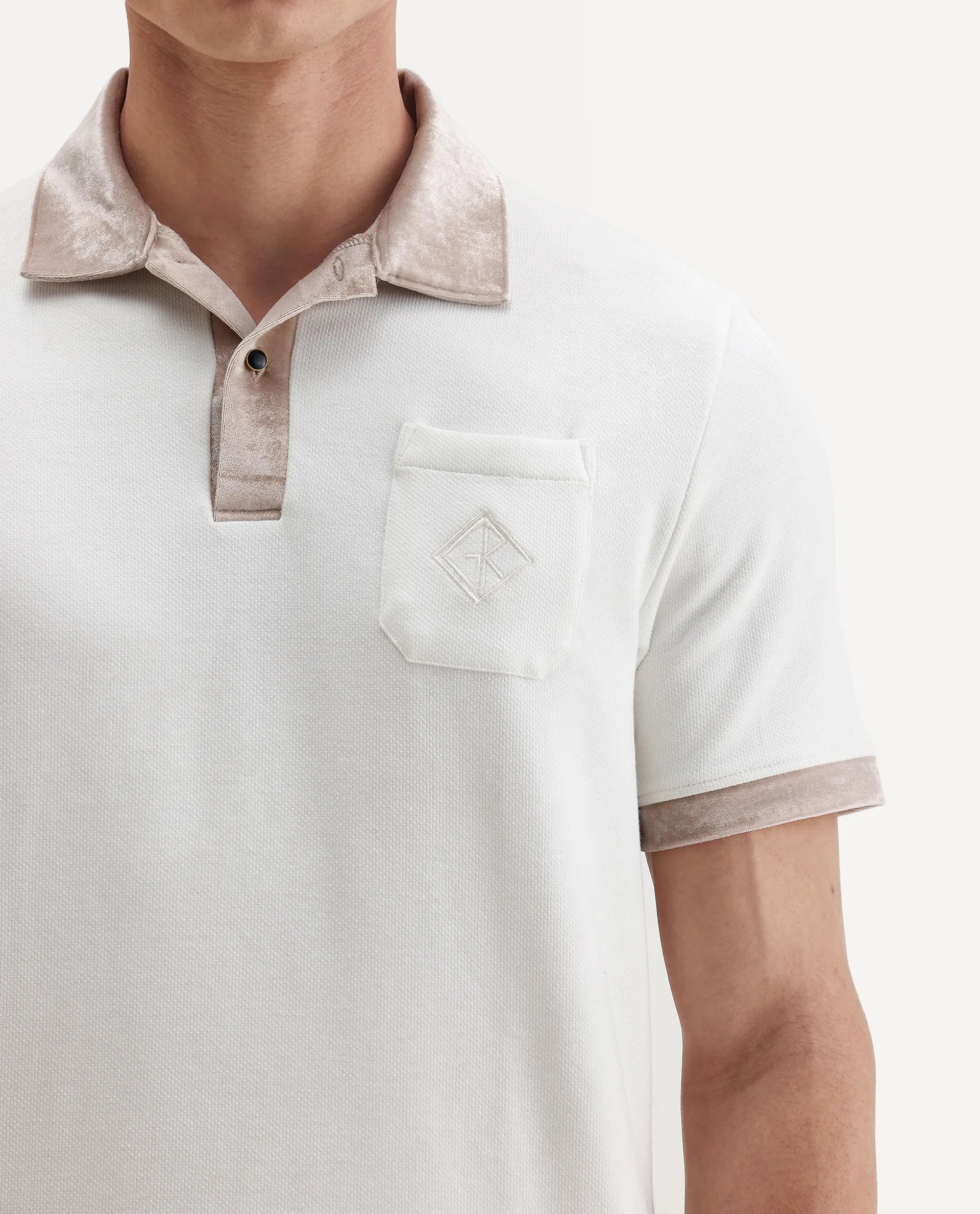 Rare Rabbit Men's Danil-1 Off White Cotton Embroidered Regular Fit Half Sleeve Polo