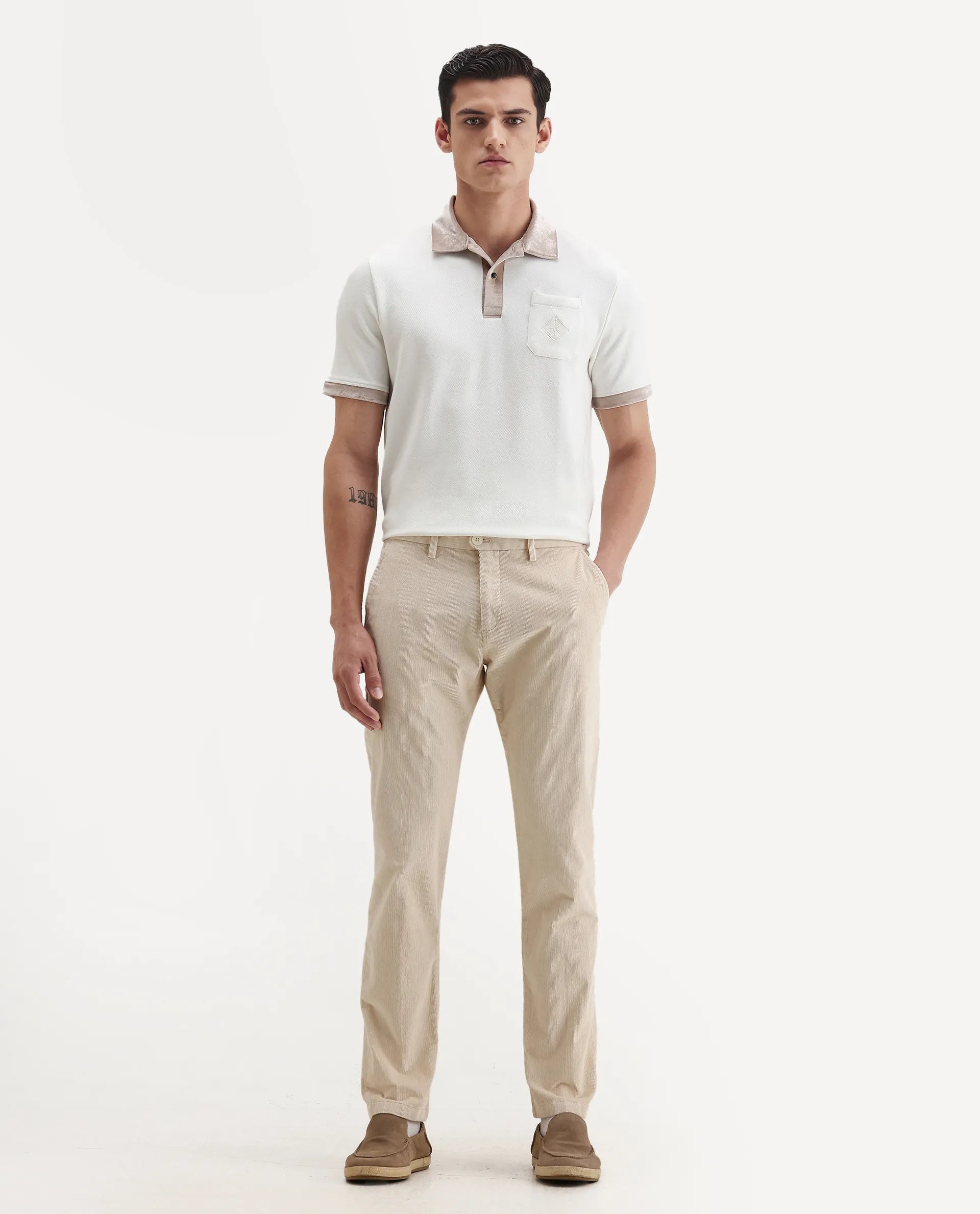 Rare Rabbit Men's Danil-1 Off White Cotton Embroidered Regular Fit Half Sleeve Polo